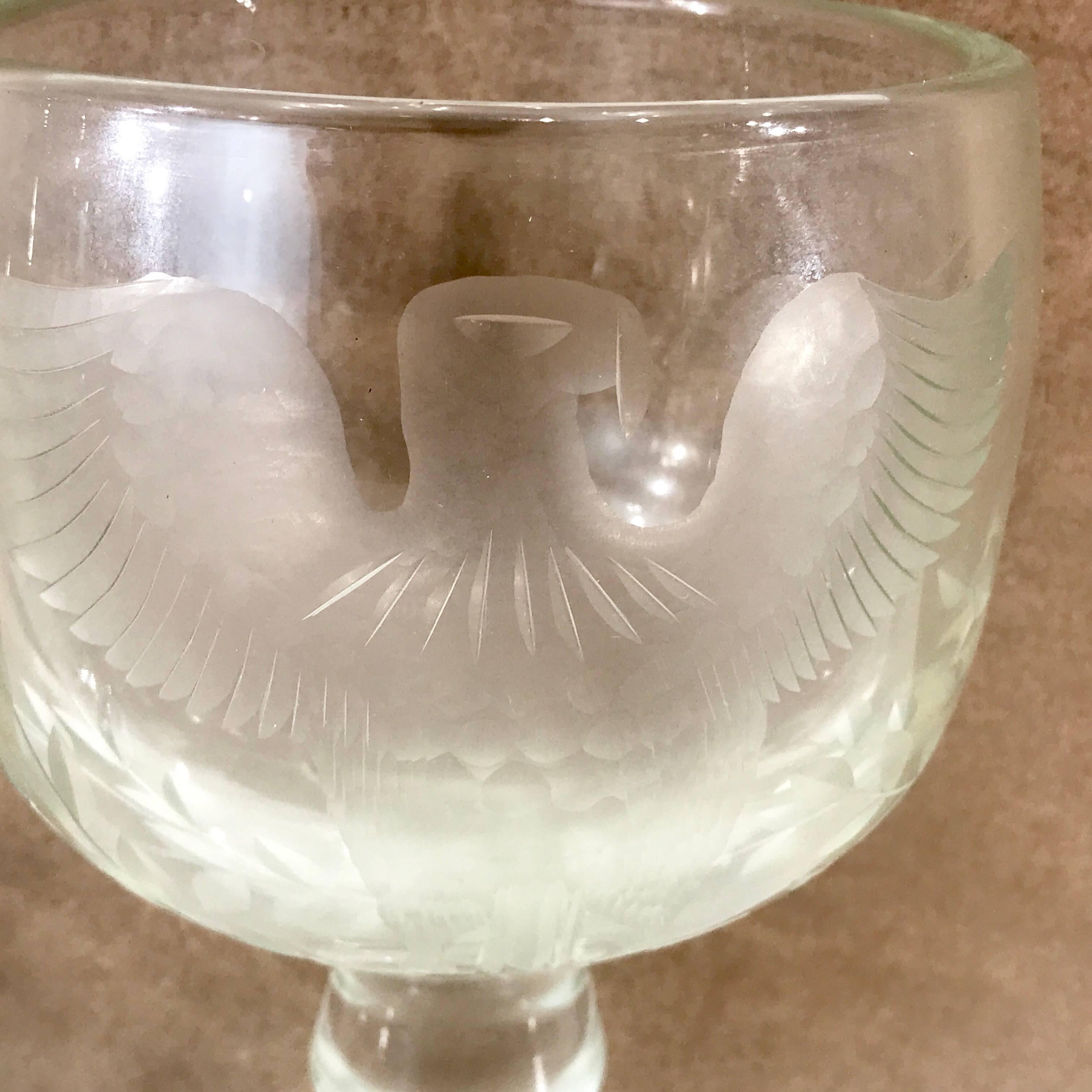 Large Pair of Centennial American Eagle Motif Engraved Glass Goblets 2