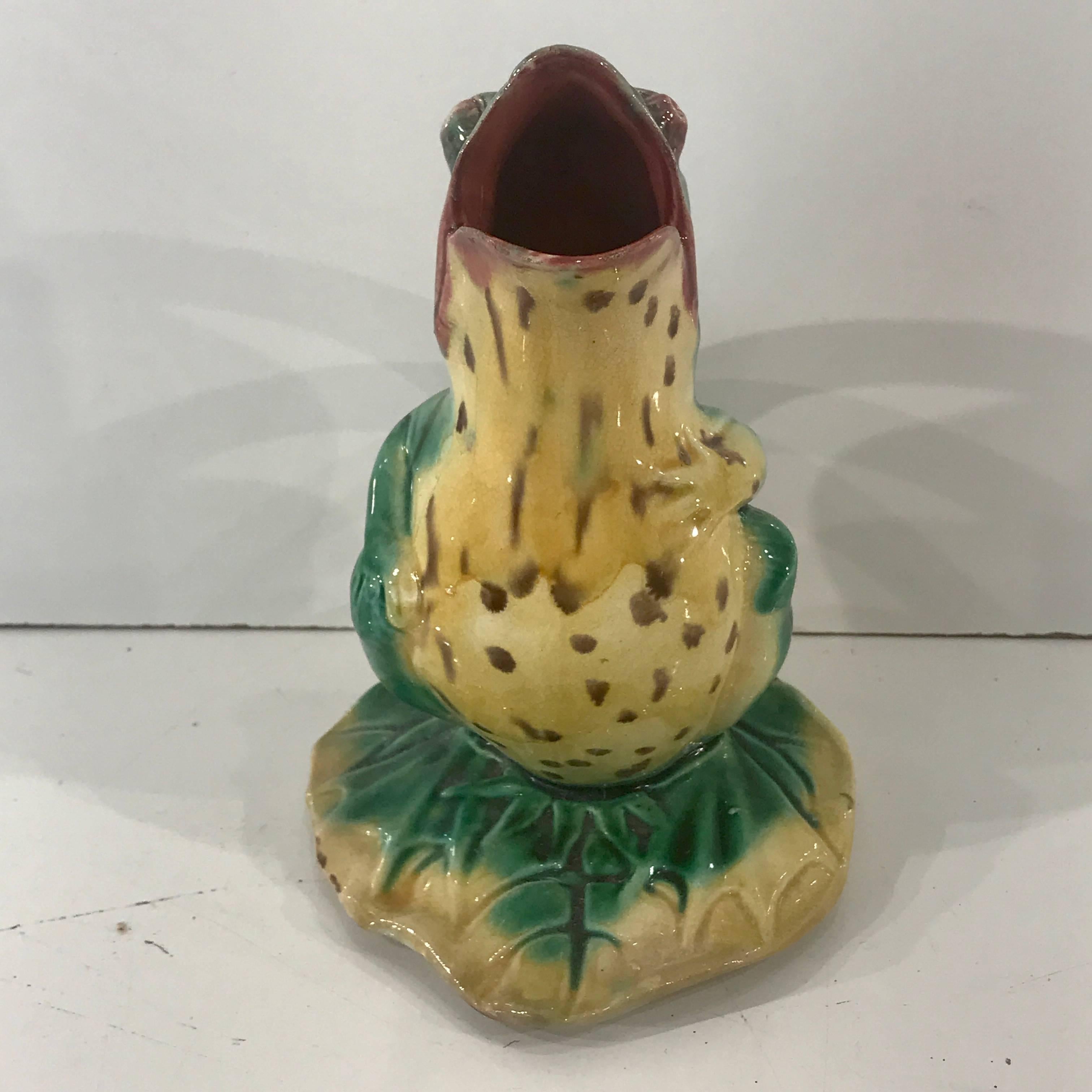 19th century English Majolica frog pitcher by Edward Steele, excellent color palate and condition
This item is presently located at our Palm Beach Location.