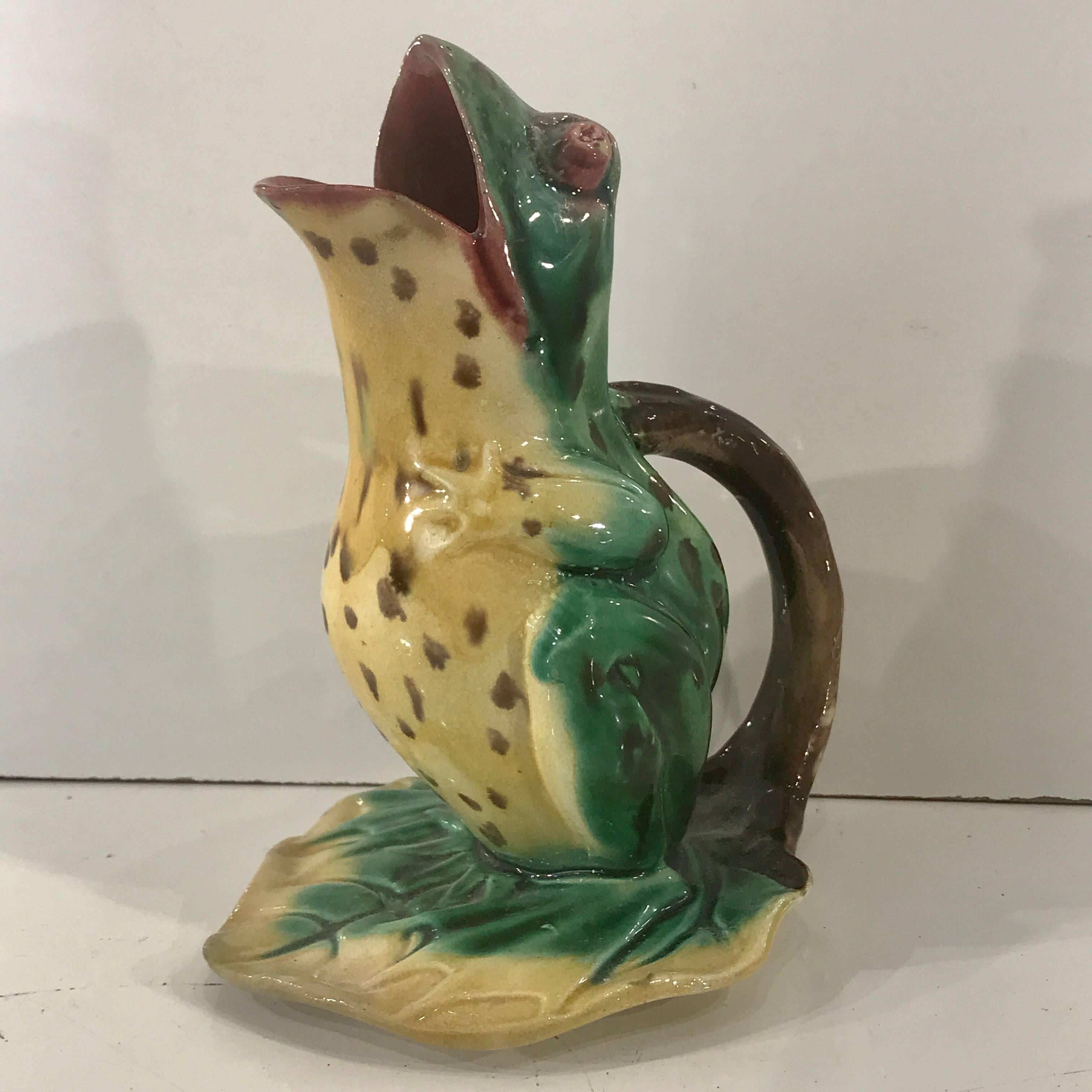 19th century English Majolica Frog Pitcher by Edward Steele 2