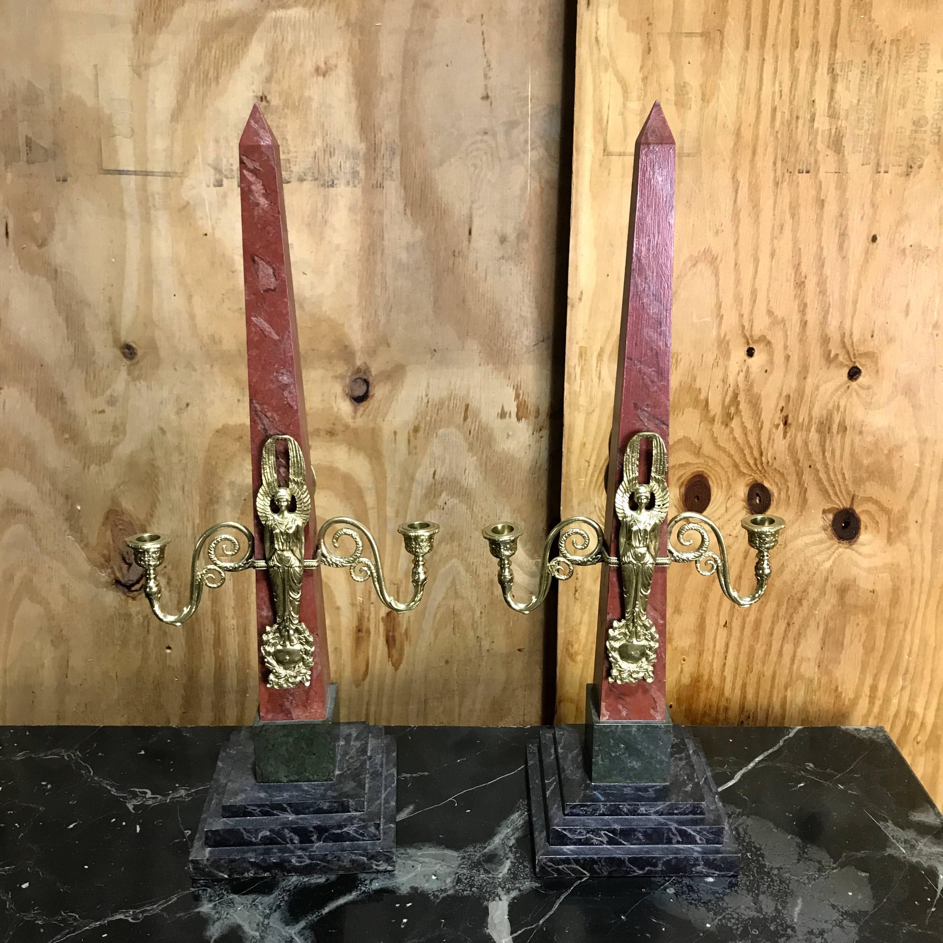 Pair of Empire Style Obelisk Two-Light Candelabra In Good Condition For Sale In Atlanta, GA