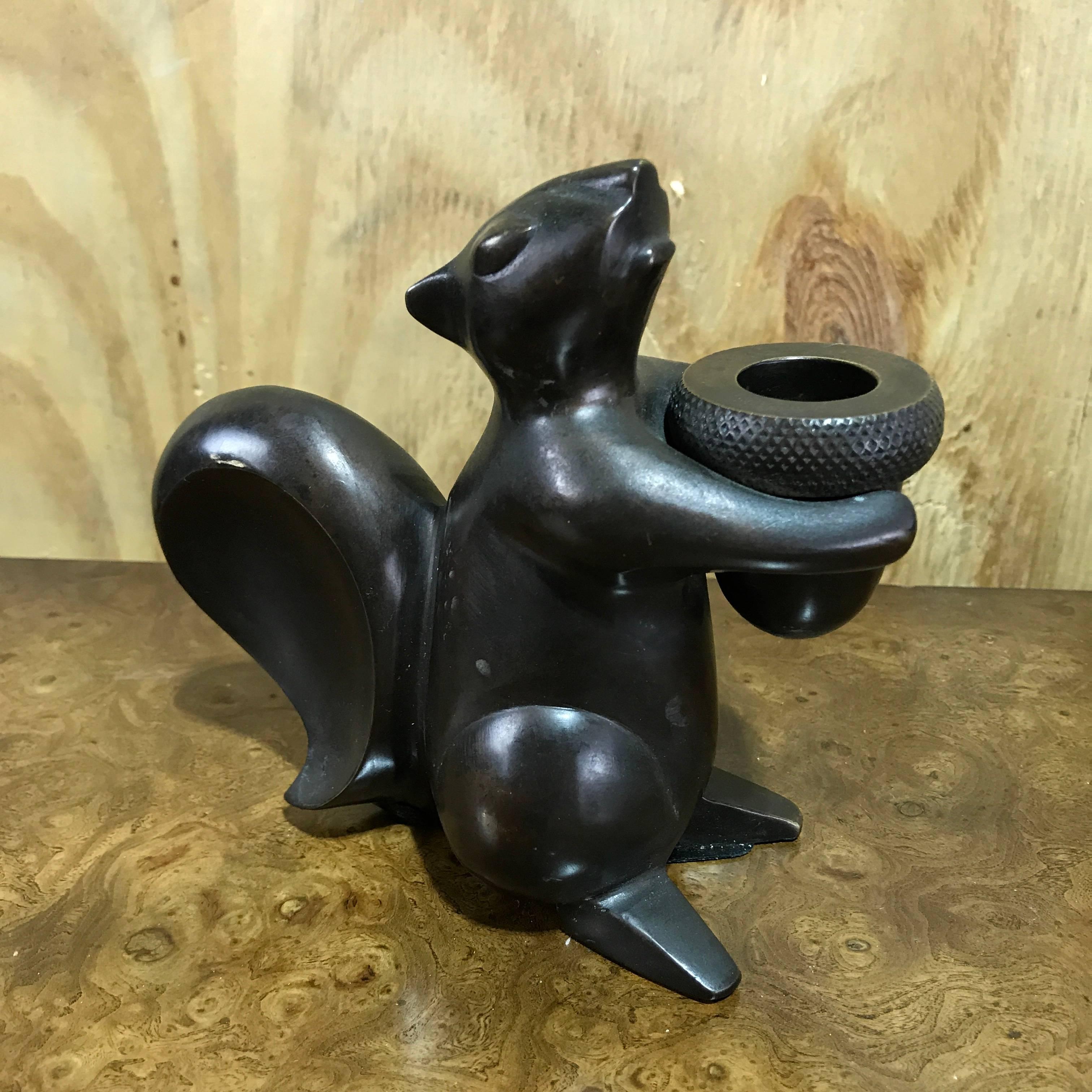 European Pair of Modern Bronze Squirrel Motif Candlesticks For Sale