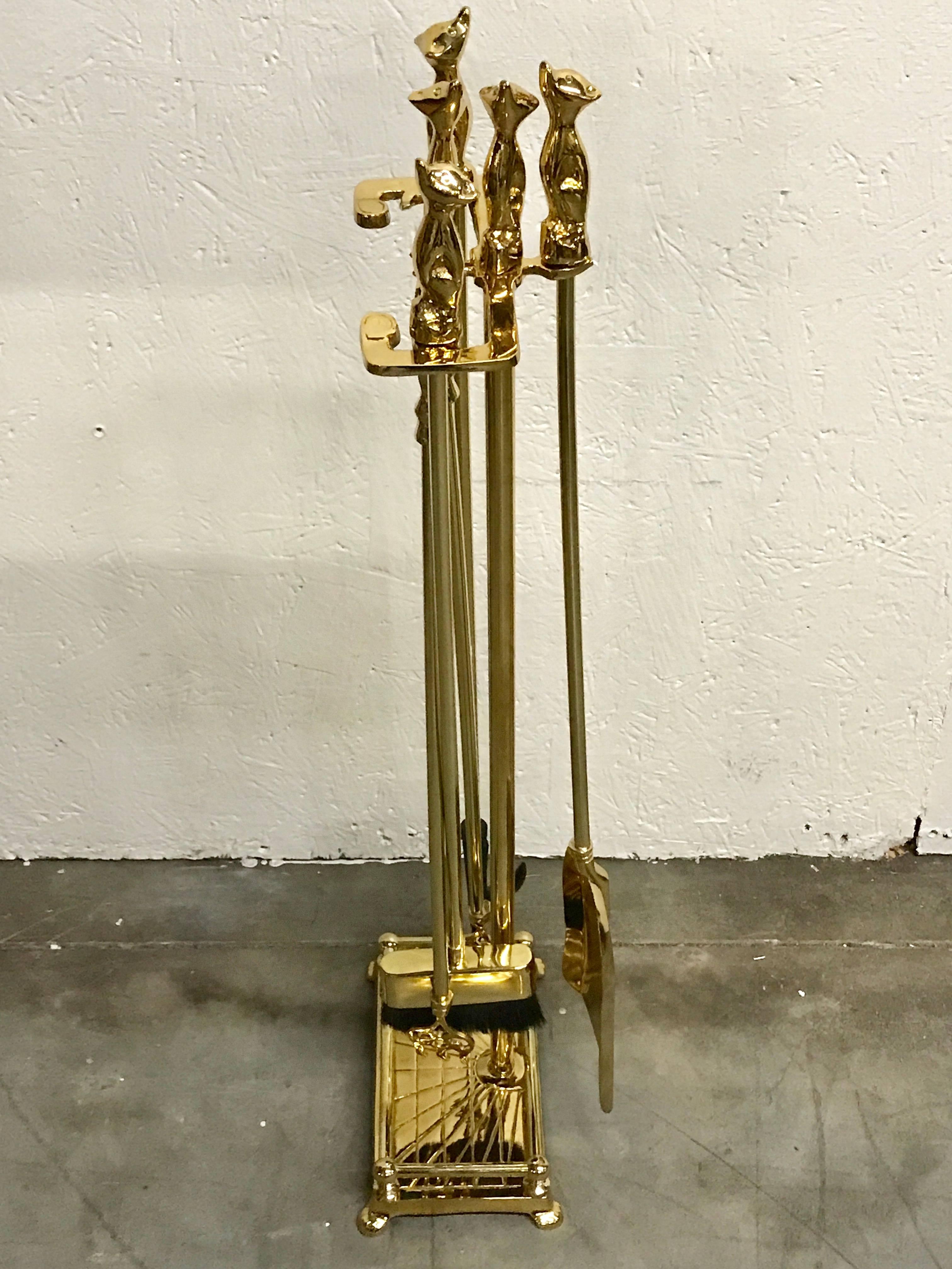 Brass Midcentury Fox Motif Fireplace Tools, Restored