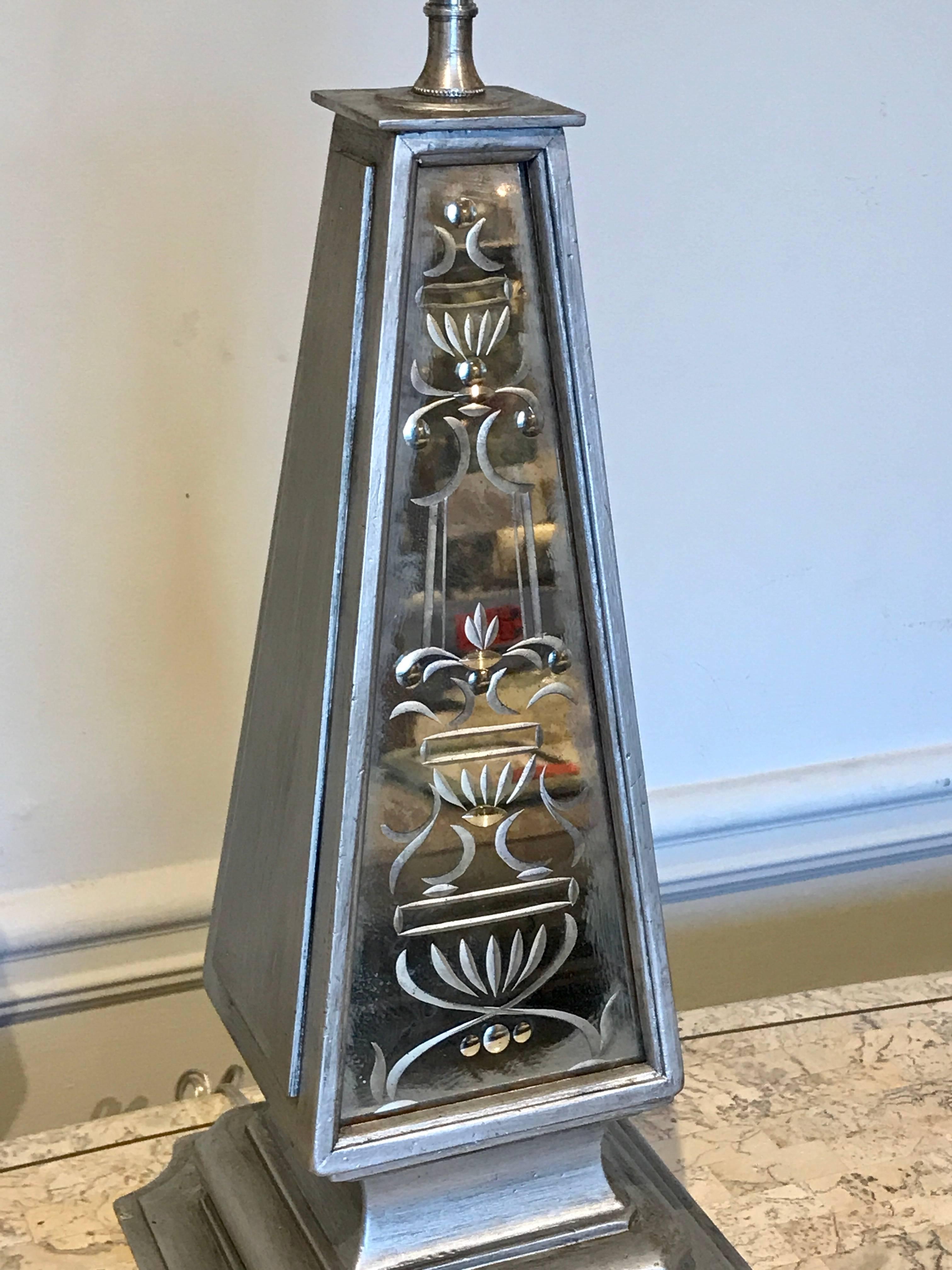 Pair of Silvered and Engraved Mirror Obelisk Lamps For Sale 1