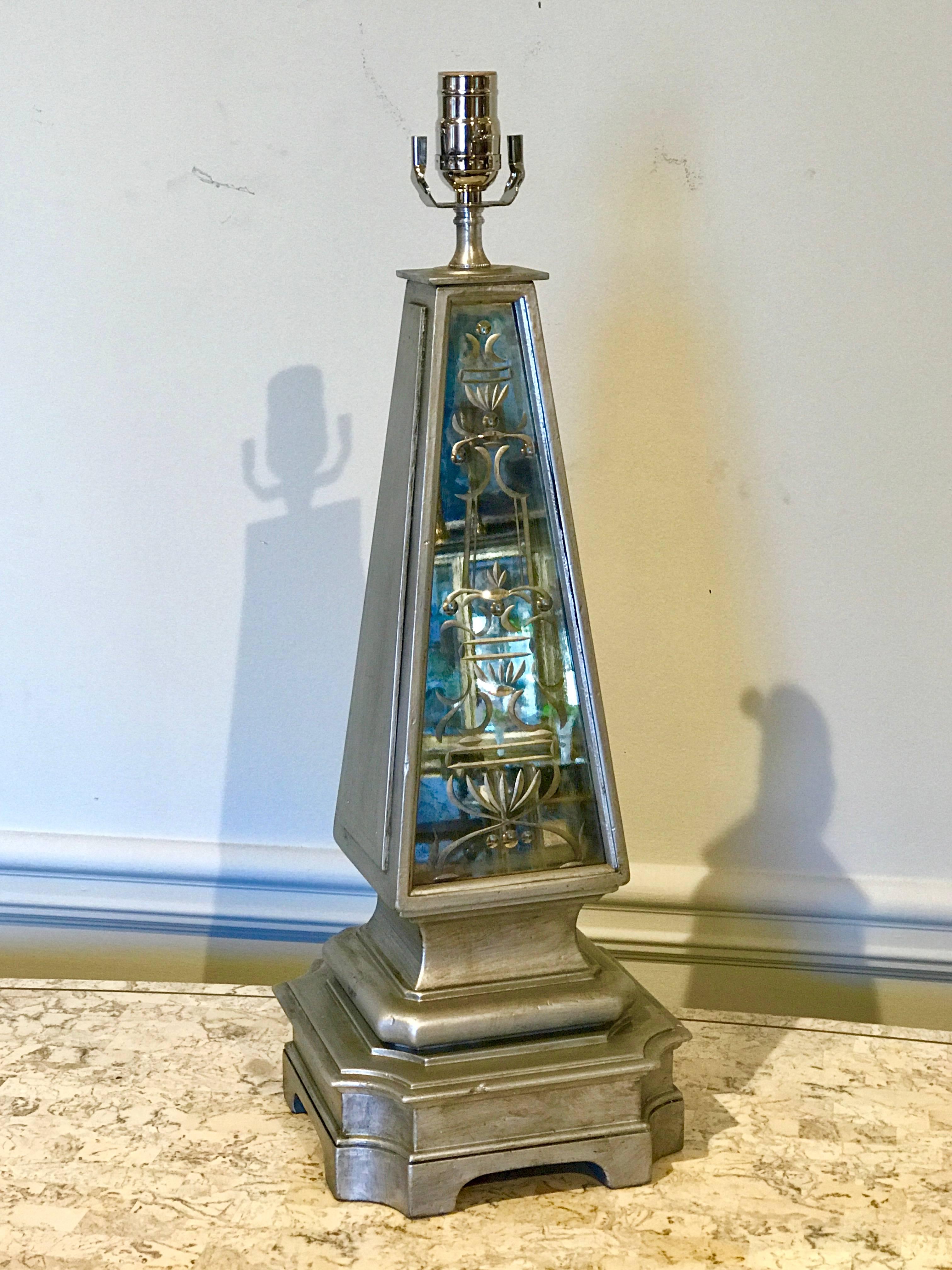 French Pair of Silvered and Engraved Mirror Obelisk Lamps For Sale