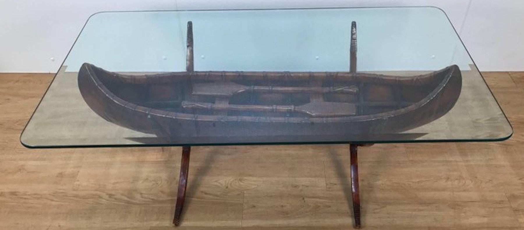 Folk Art Style Canoe Wood and Iron Sculpture as a Coffee Table In Excellent Condition In Atlanta, GA