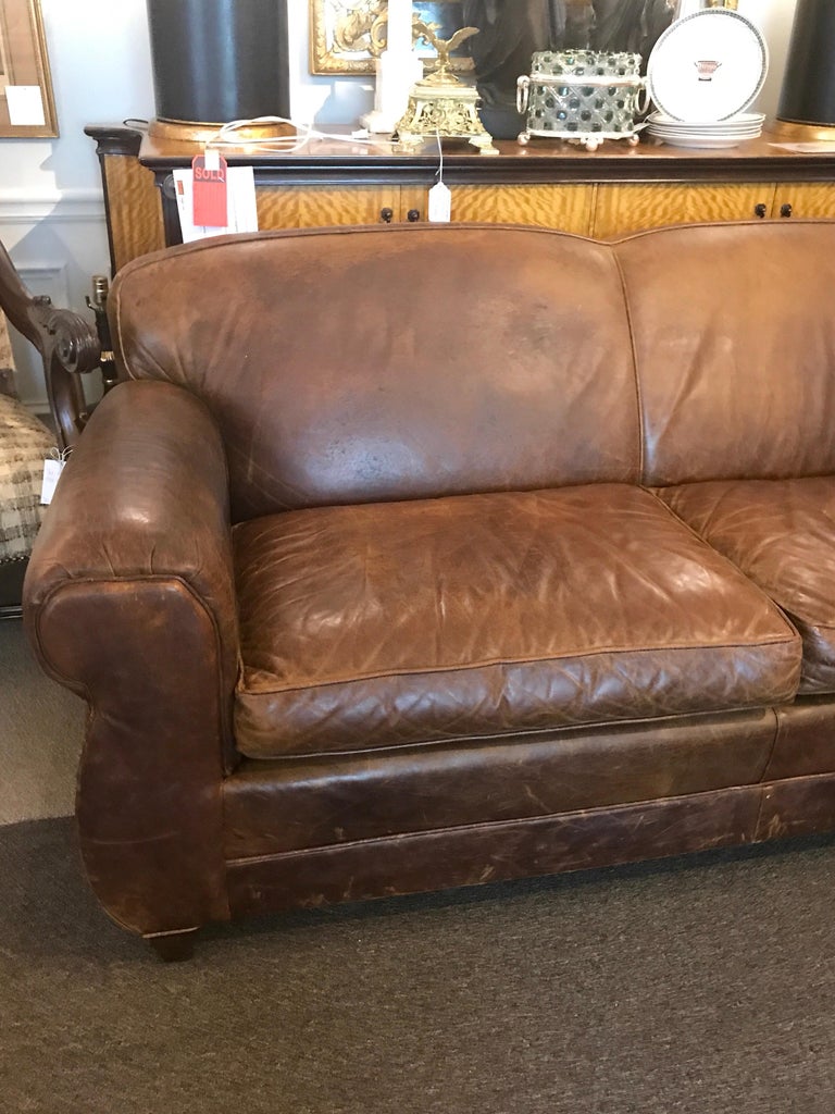 French Art Deco Style Distressed Leather Sofa For At 1stdibs French Art Deco Style Distressed Leather Sofa In Condition For Atlanta Ga