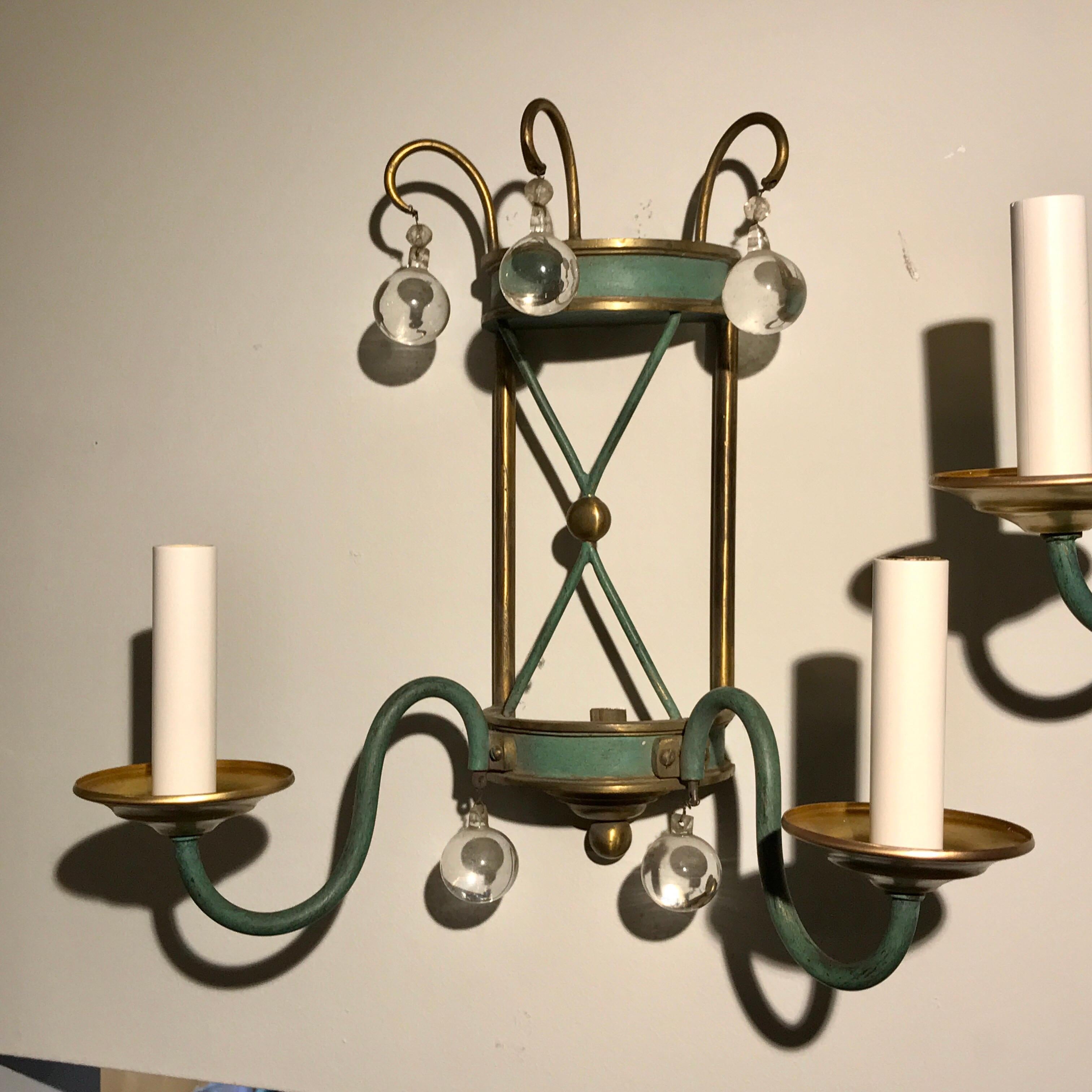 Patinated Pair of French Modern Wall Sconces For Sale