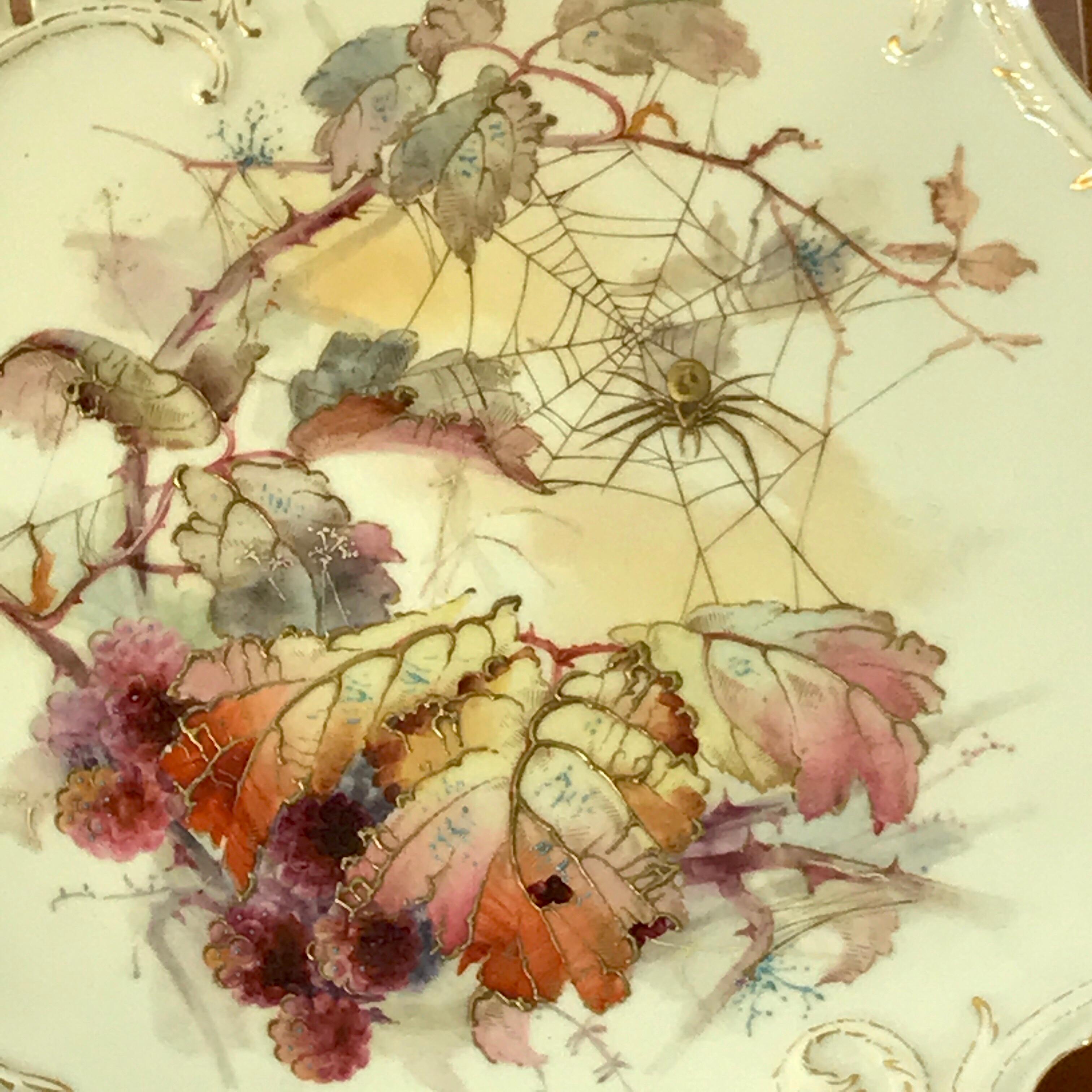 English Eight Royal Worcester Aesthetic Cabinet Plates with Spider Web Decoration