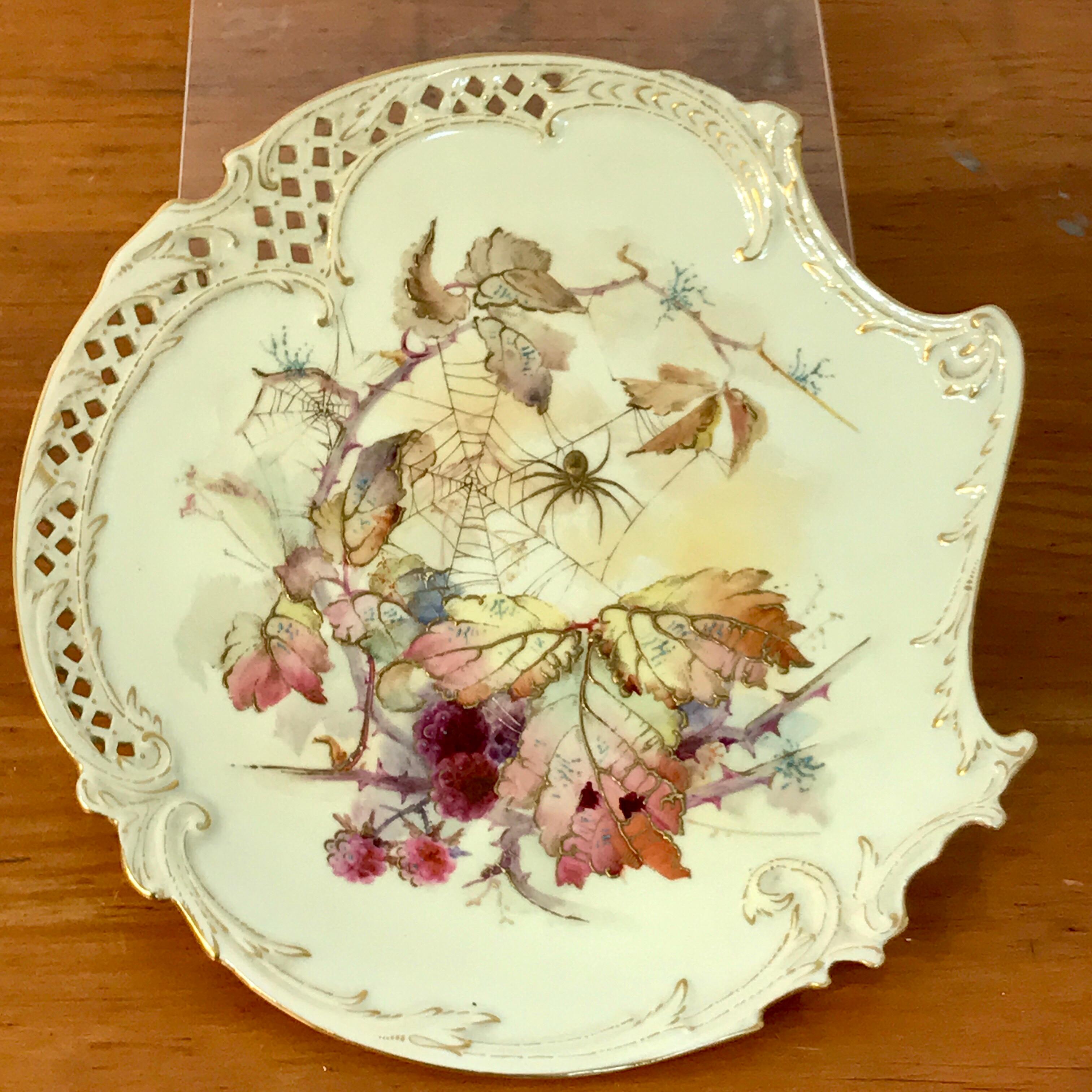 Enameled Eight Royal Worcester Aesthetic Cabinet Plates with Spider Web Decoration