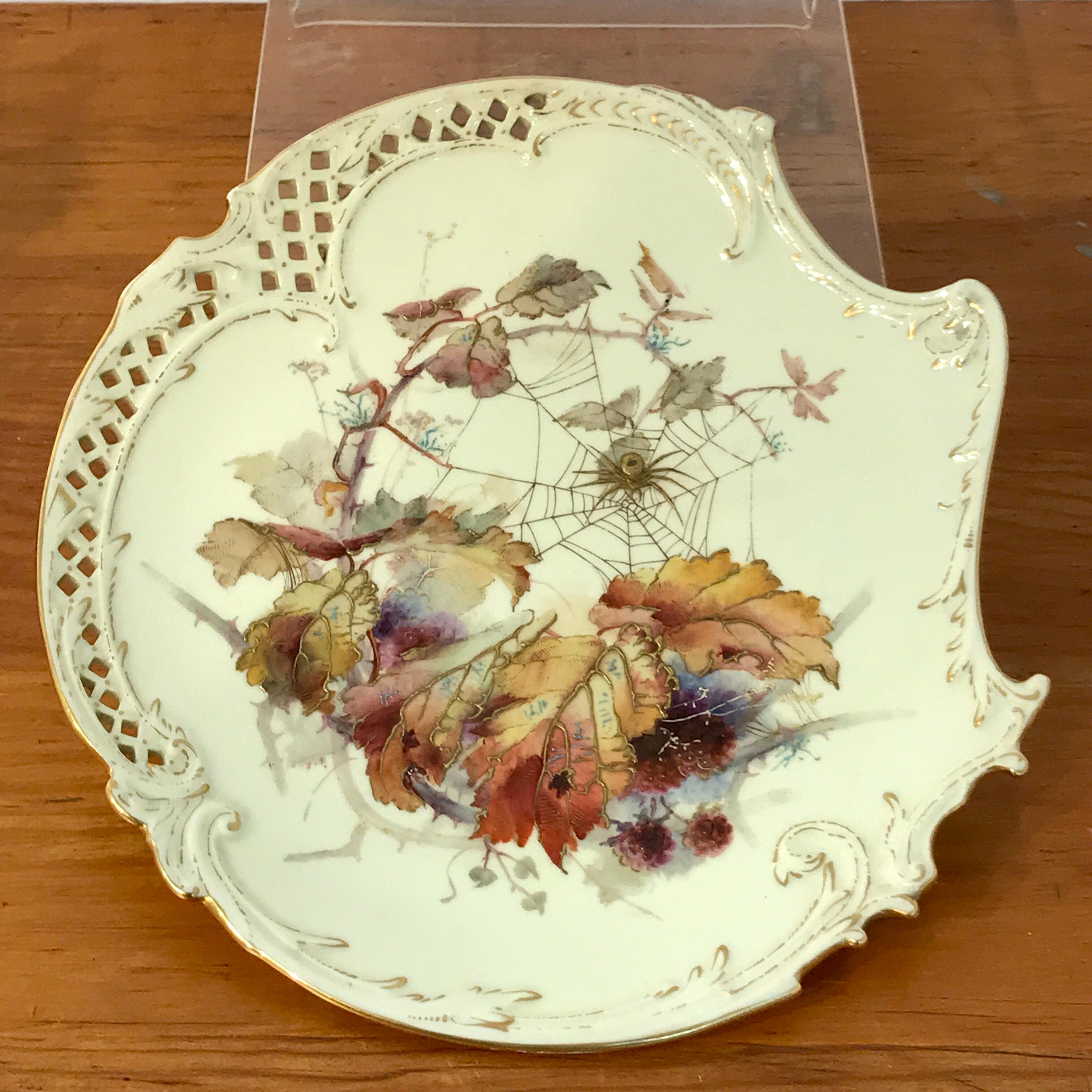Eight Royal Worcester Aesthetic Cabinet Plates with Spider Web Decoration 1