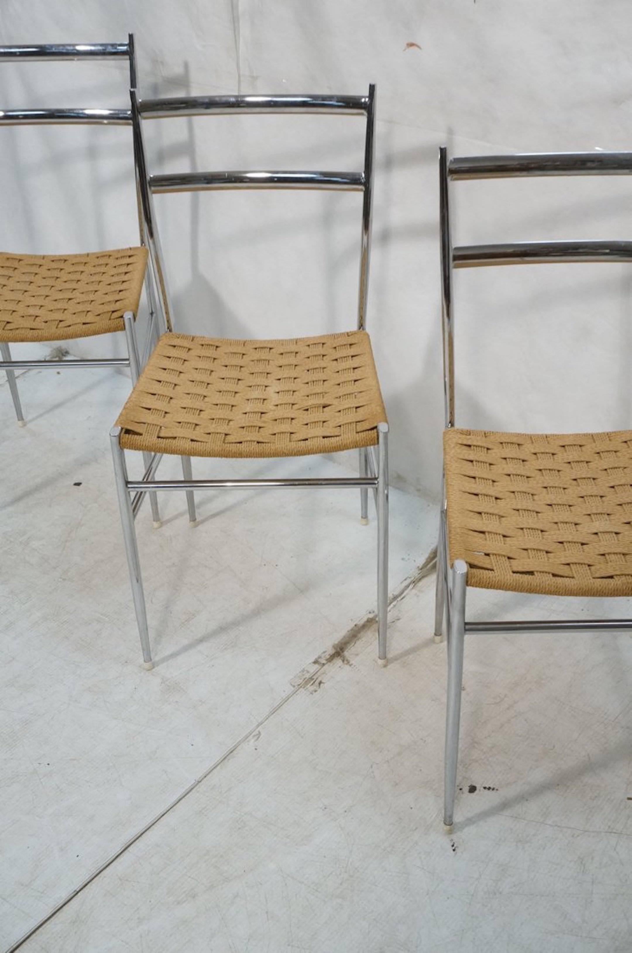 Mid-Century Modern Four Gio Ponti Style Chrome and Grass Seat Chairs For Sale