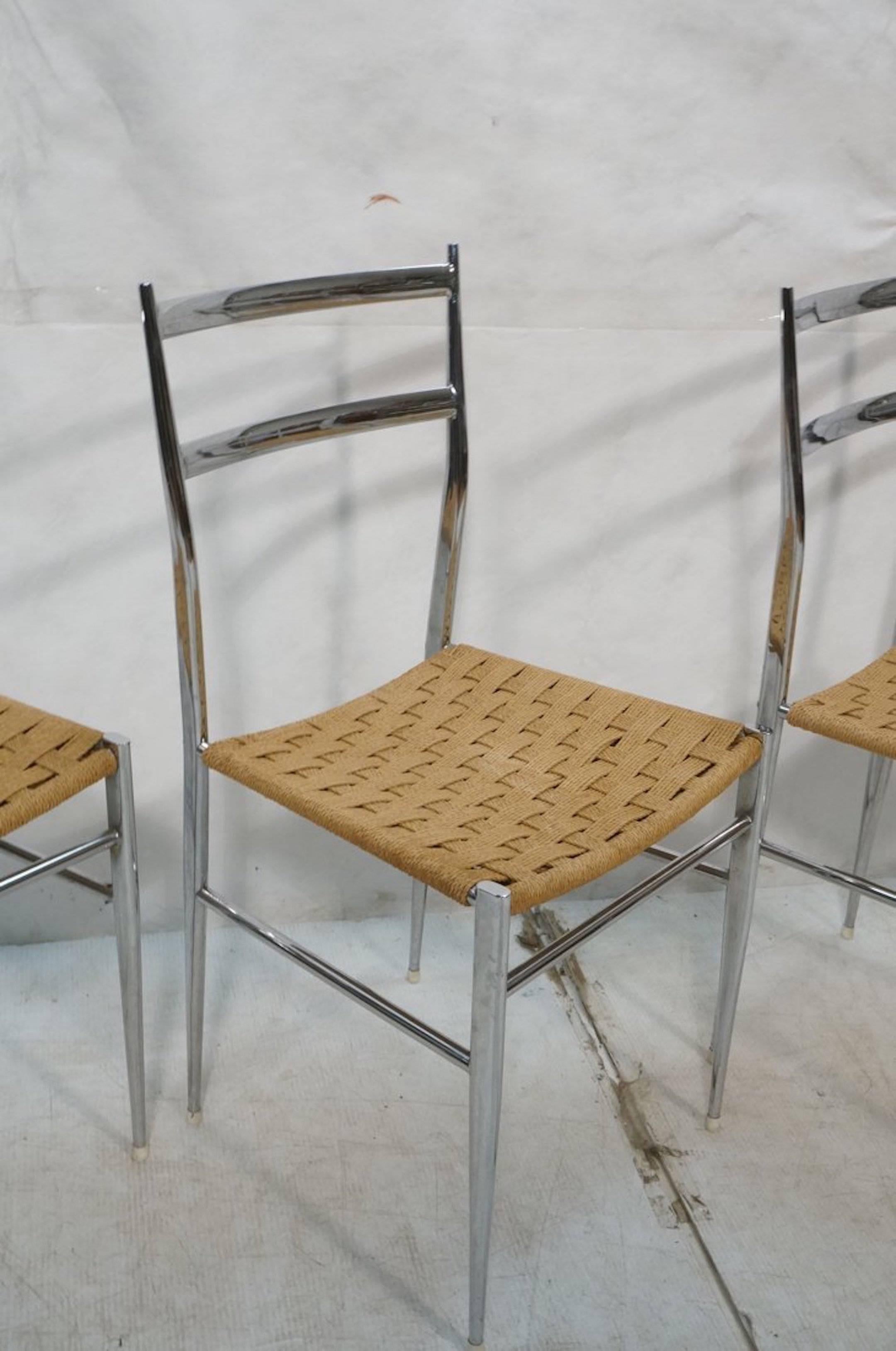 Four Gio Ponti Style Chrome and Grass Seat Chairs In Excellent Condition For Sale In Atlanta, GA