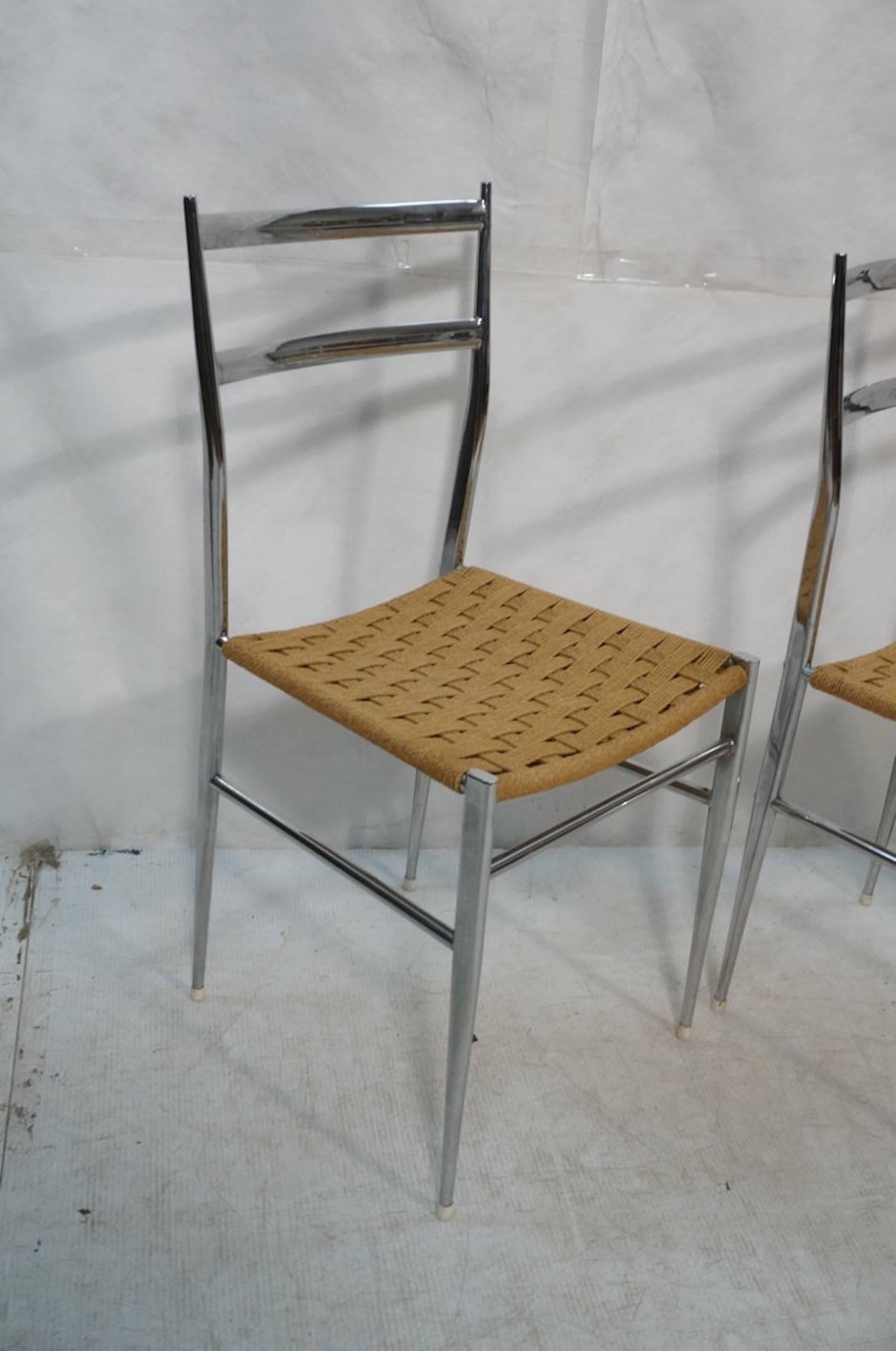 Late 20th Century Four Gio Ponti Style Chrome and Grass Seat Chairs For Sale