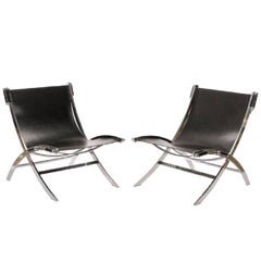 Pair of Flexform Chromed Steel and Black Leather Lounge Chairs