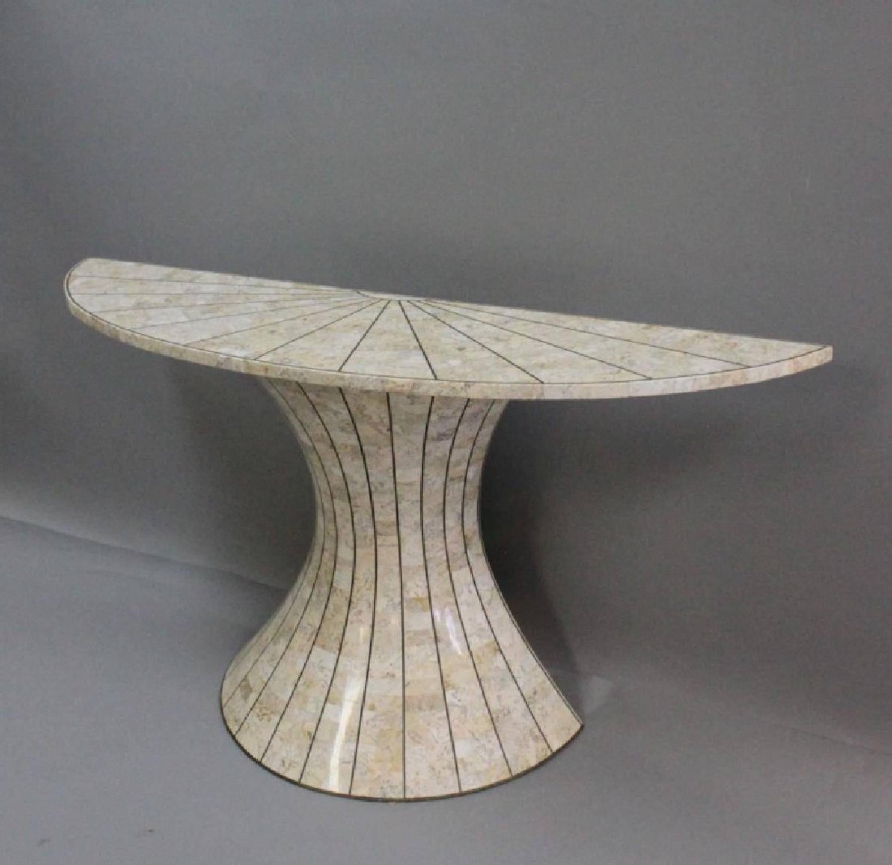 Modern Inlaid Stone and Brass Demilune Console In Excellent Condition In Atlanta, GA