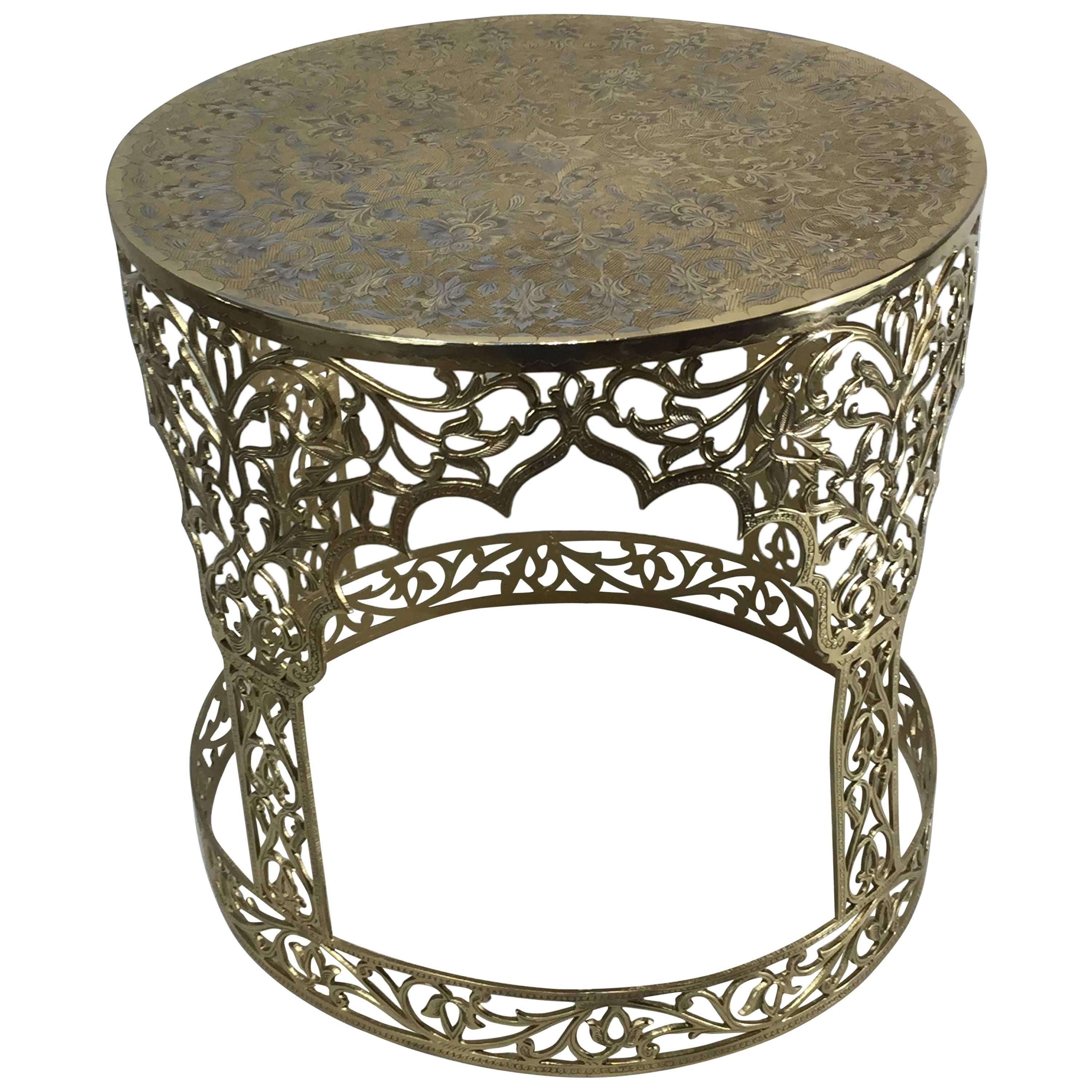 Syrian Brass Garden Seat with Silver Inlay