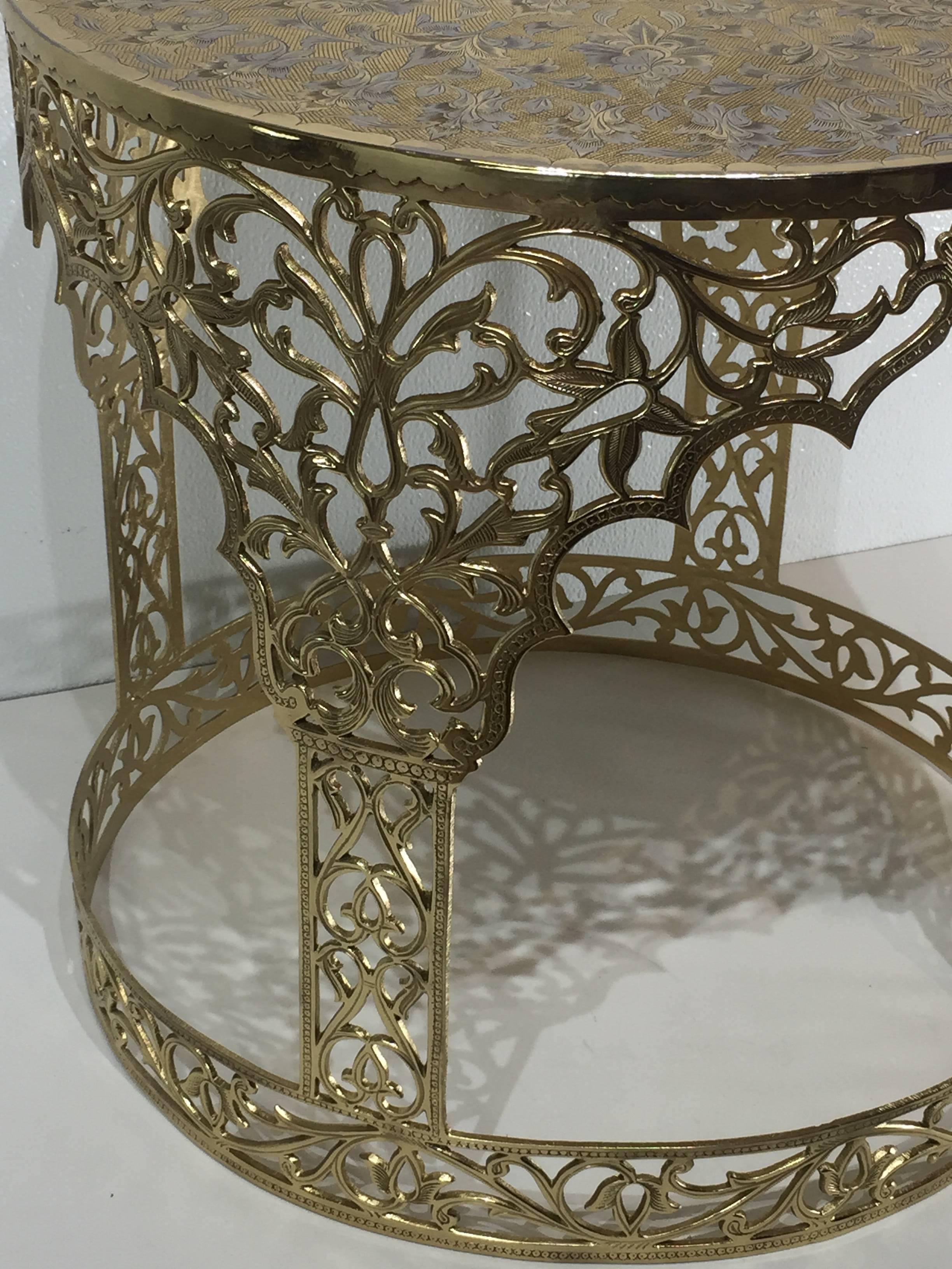 Syrian Brass Garden Seat with Silver Inlay In Good Condition In Atlanta, GA