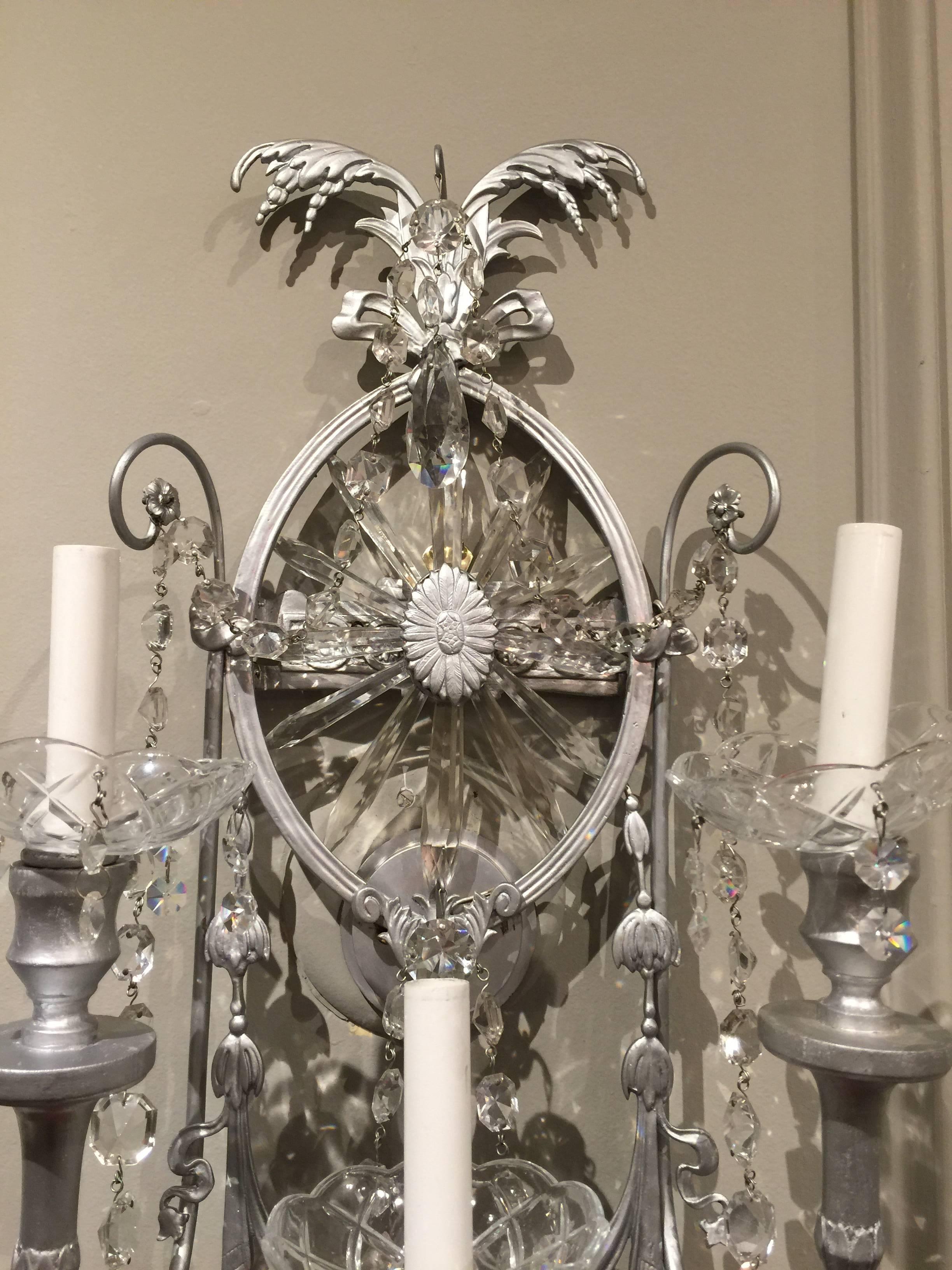 European Gorgeous Pair of Neoclassical Crystal Wall Sconces