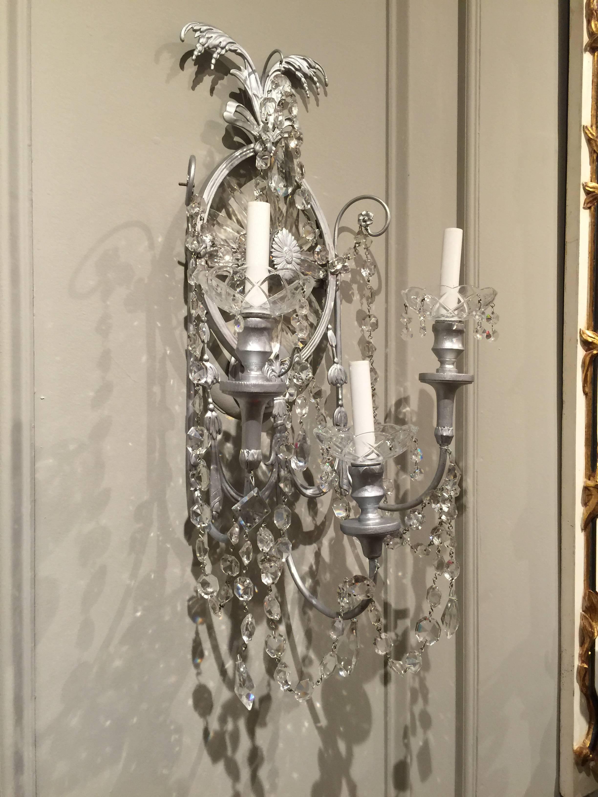 Silvered Gorgeous Pair of Neoclassical Crystal Wall Sconces