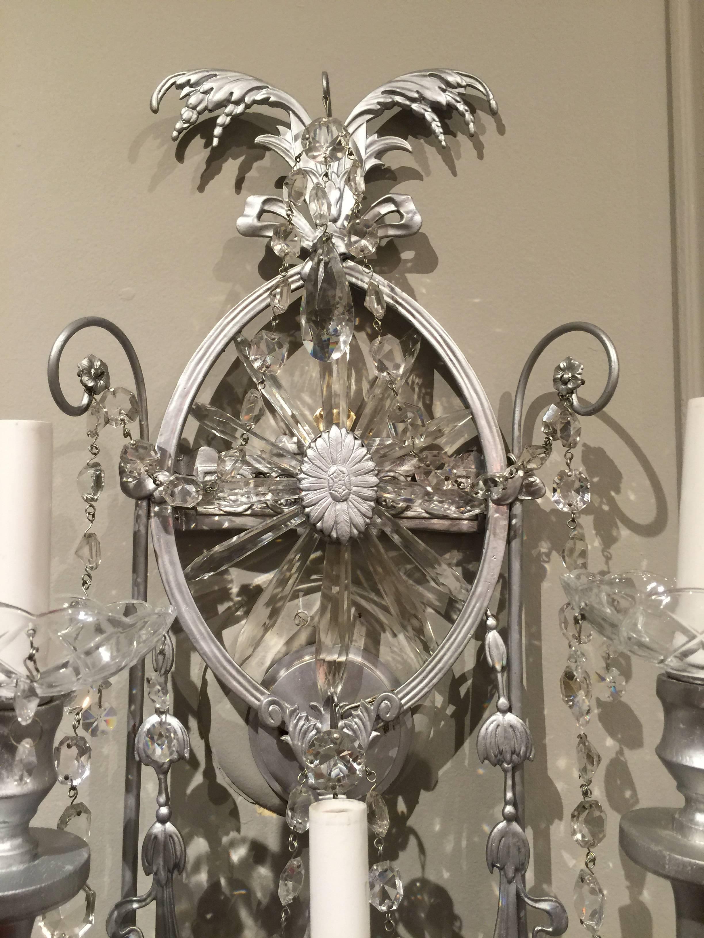 Gorgeous Pair of Neoclassical Crystal Wall Sconces In Excellent Condition In Atlanta, GA
