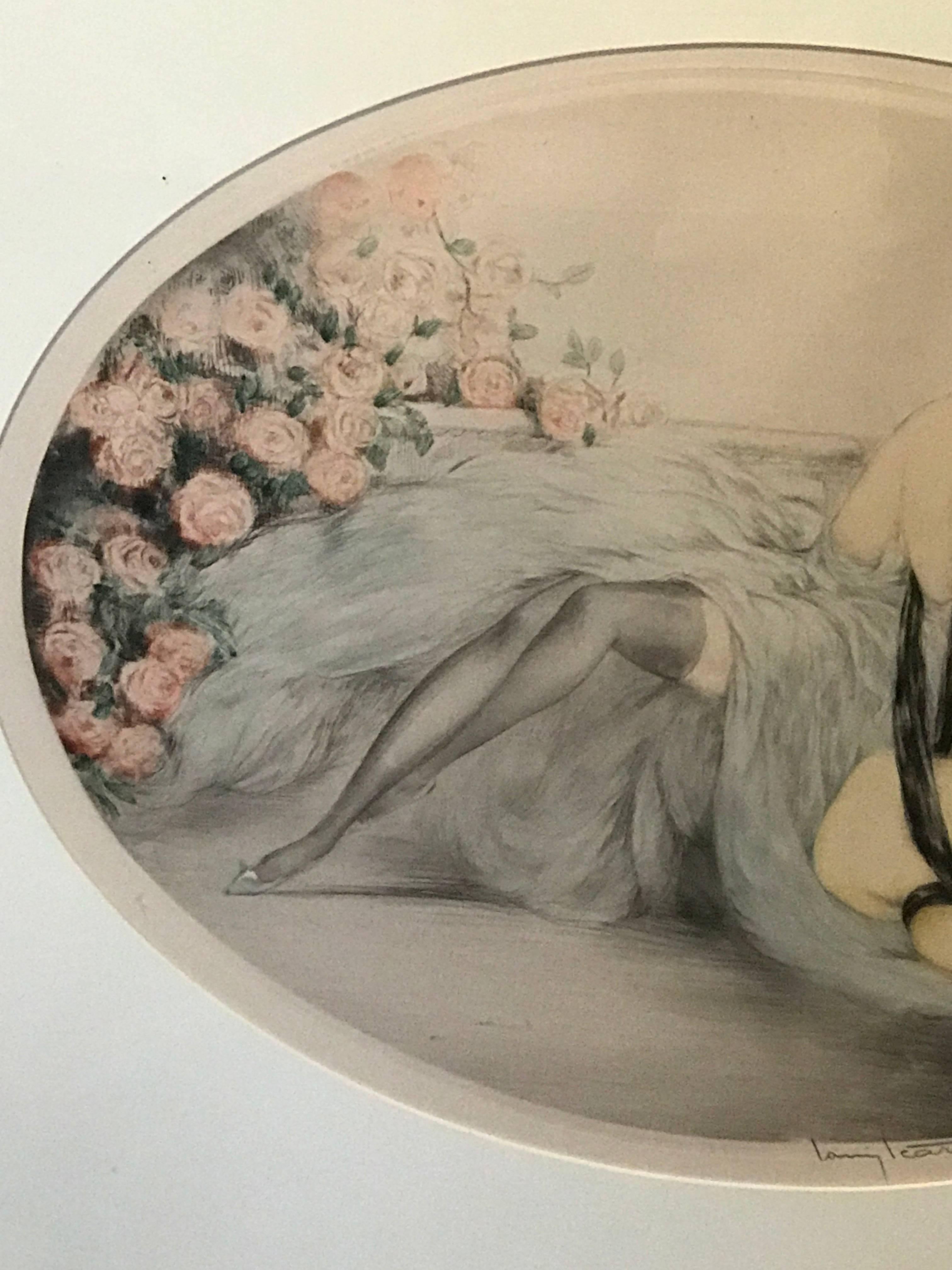 Louis Icart, French 1888-1950
"LES ROSES" (BELLE ROSE) 
1933. Pencil signed and with the artist''s blindstamp in the margin, handcolored etching on BFK Rives. Copyright top left "1933 by L. Icart Sty., N.Y." Also inscribed