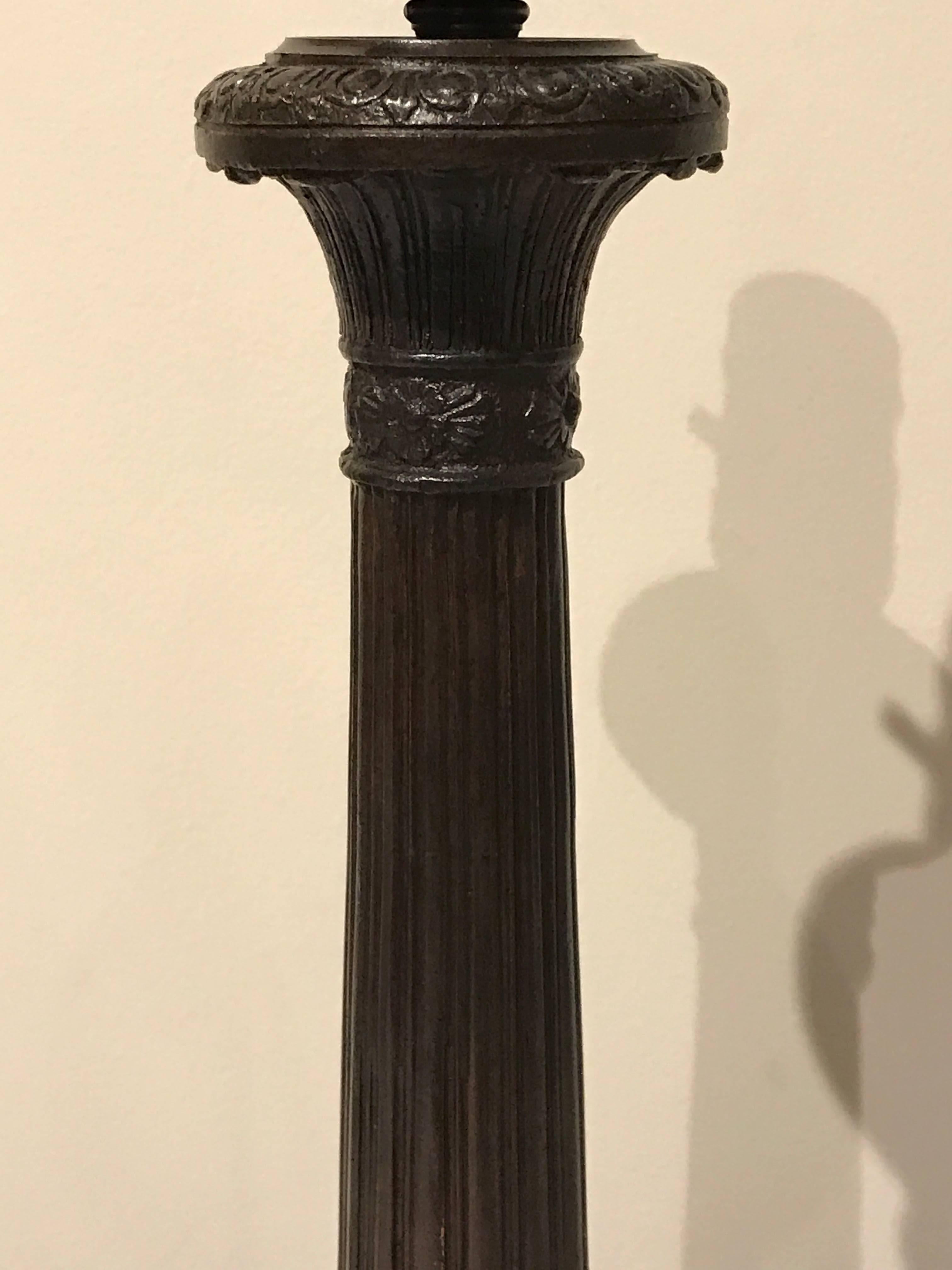 Patinated Pair of Empire Style Bronze Column Candlestick Lamps