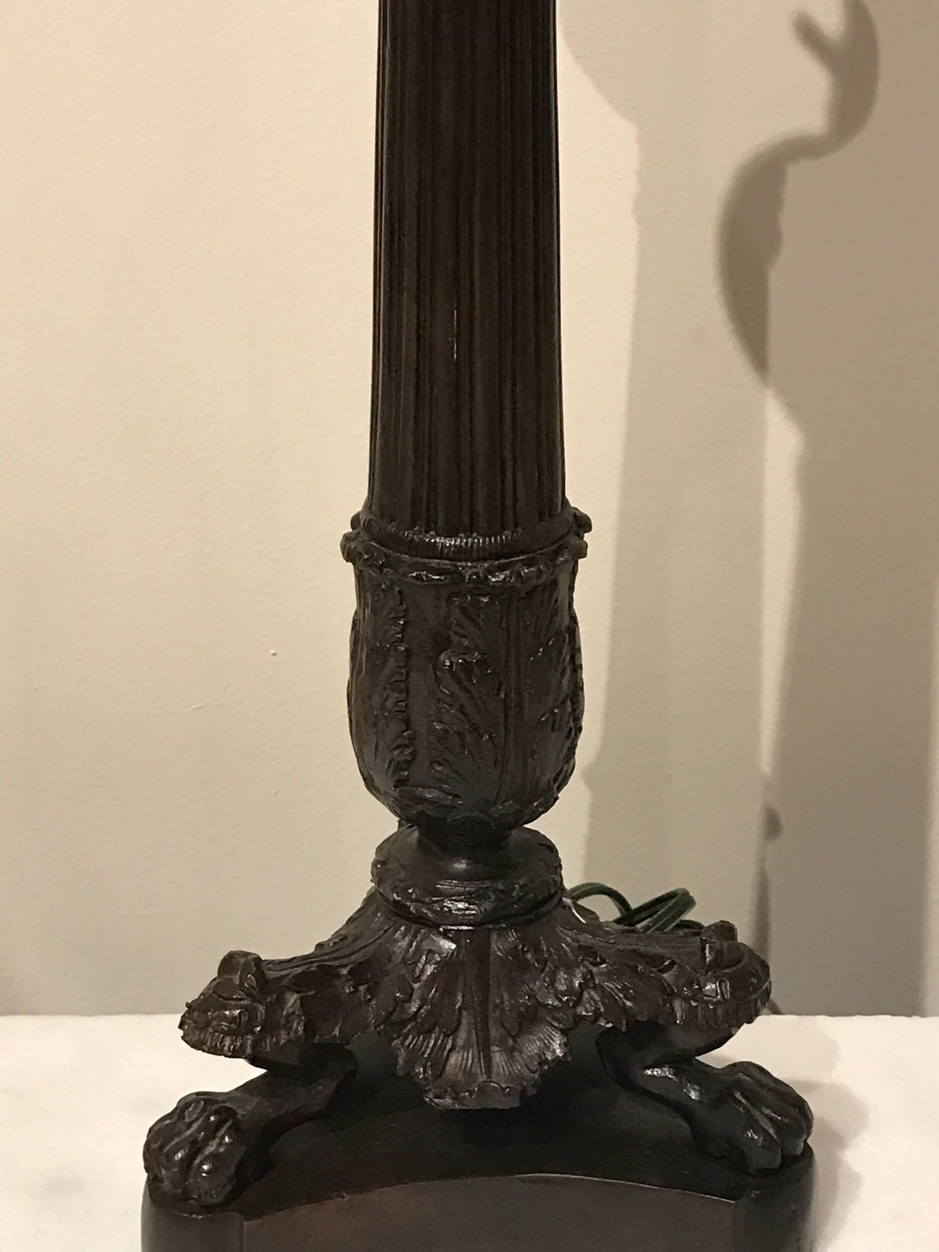 French Pair of Empire Style Bronze Column Candlestick Lamps