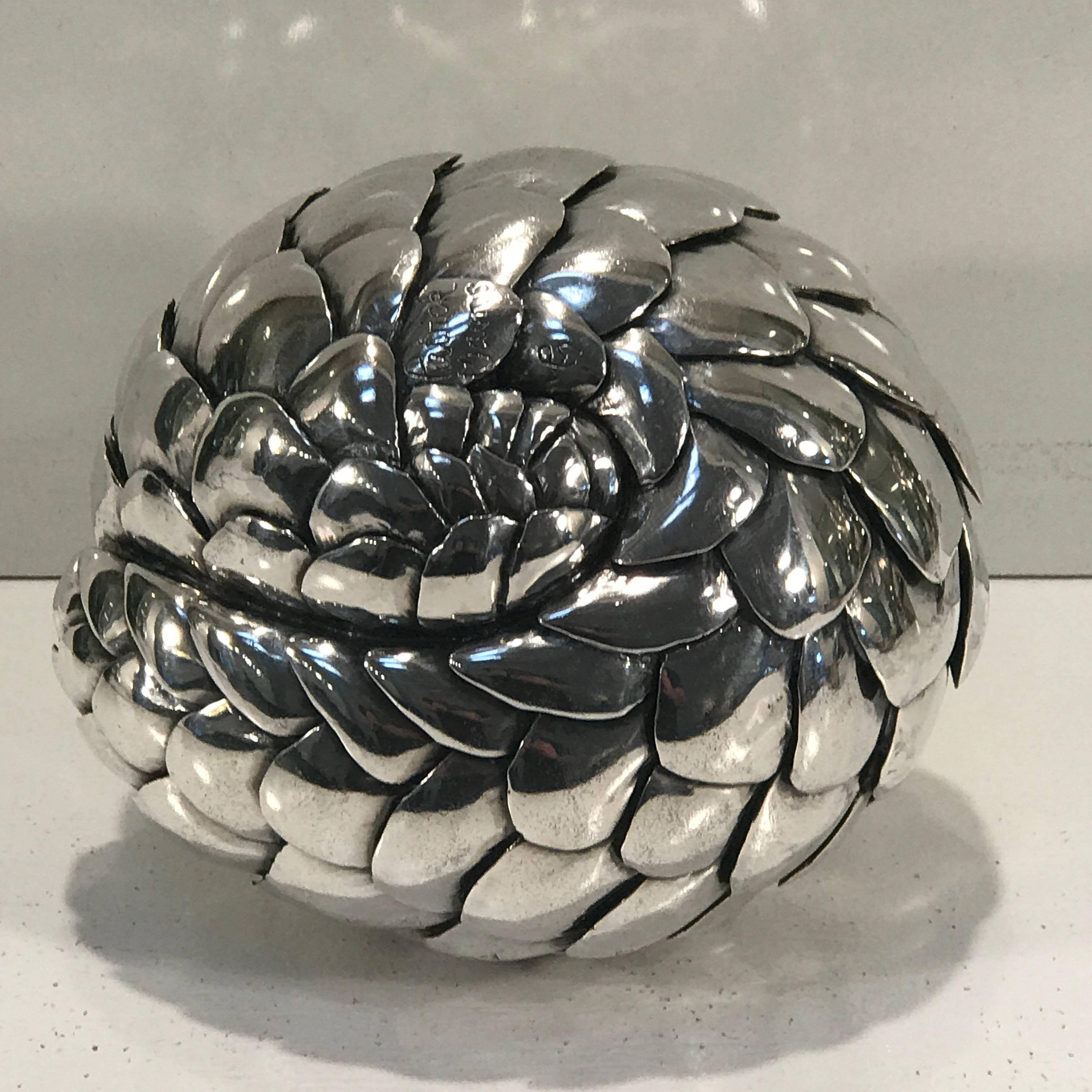 Cast Patrick Marvos, Monumental Sterling Sculpture of a Rolled Pangolin
