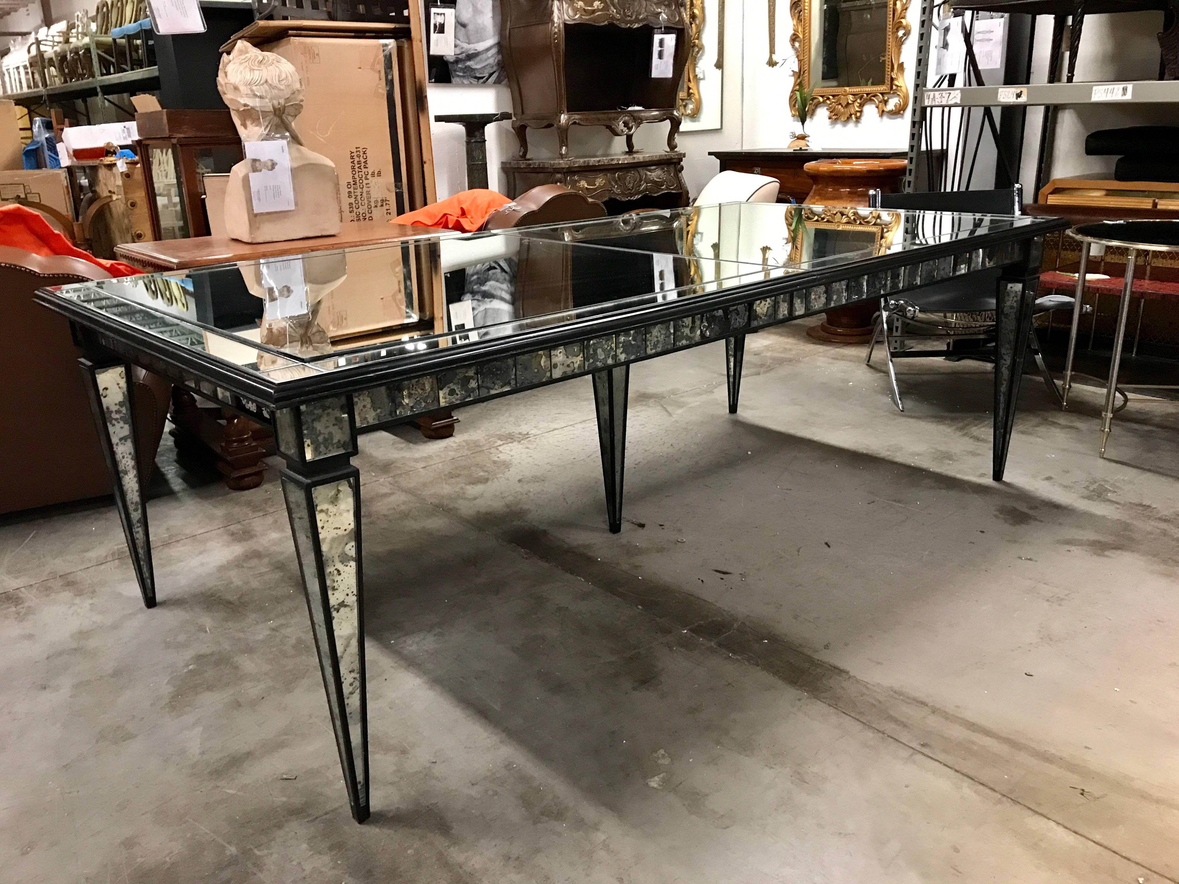 Ebonized Maison Jansen Blackened Wood and Mirrored Dining Room Table For Sale