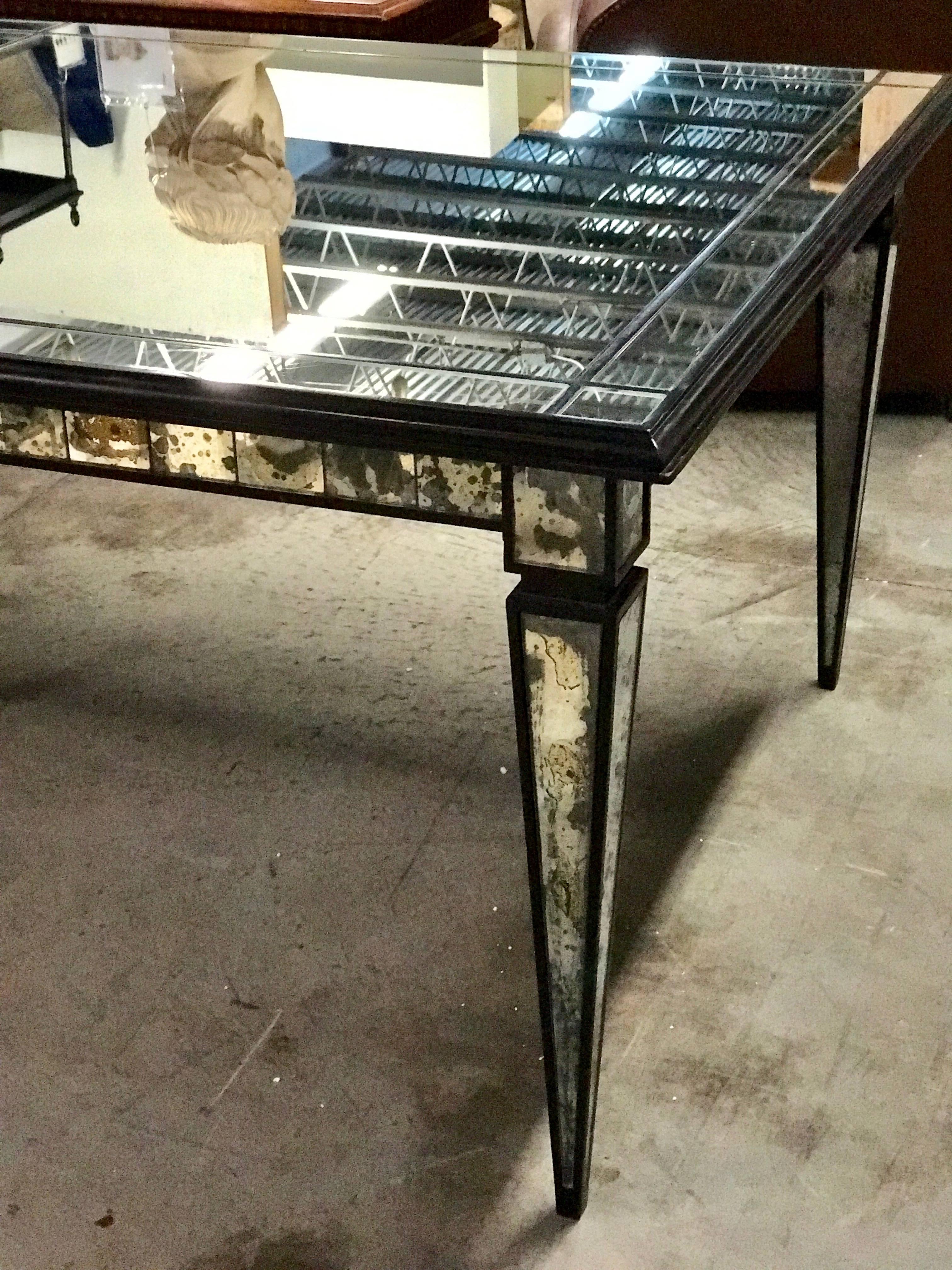 French Maison Jansen Blackened Wood and Mirrored Dining Room Table For Sale