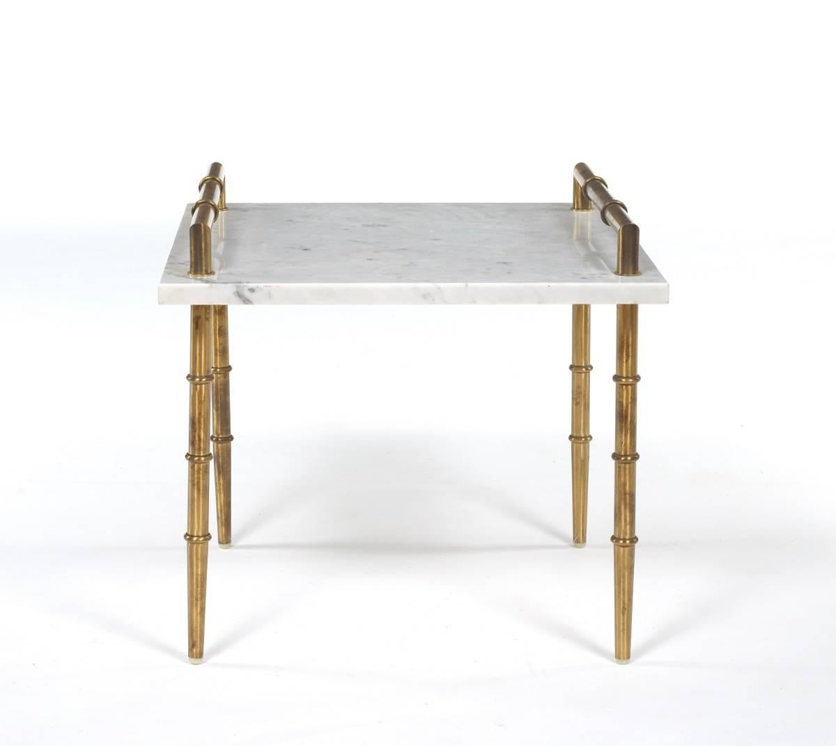 Italian Mid-Century bamboo motif side table, stylish table with Carrara marble and brass mounts. The two handles measure 2 inches high x 17