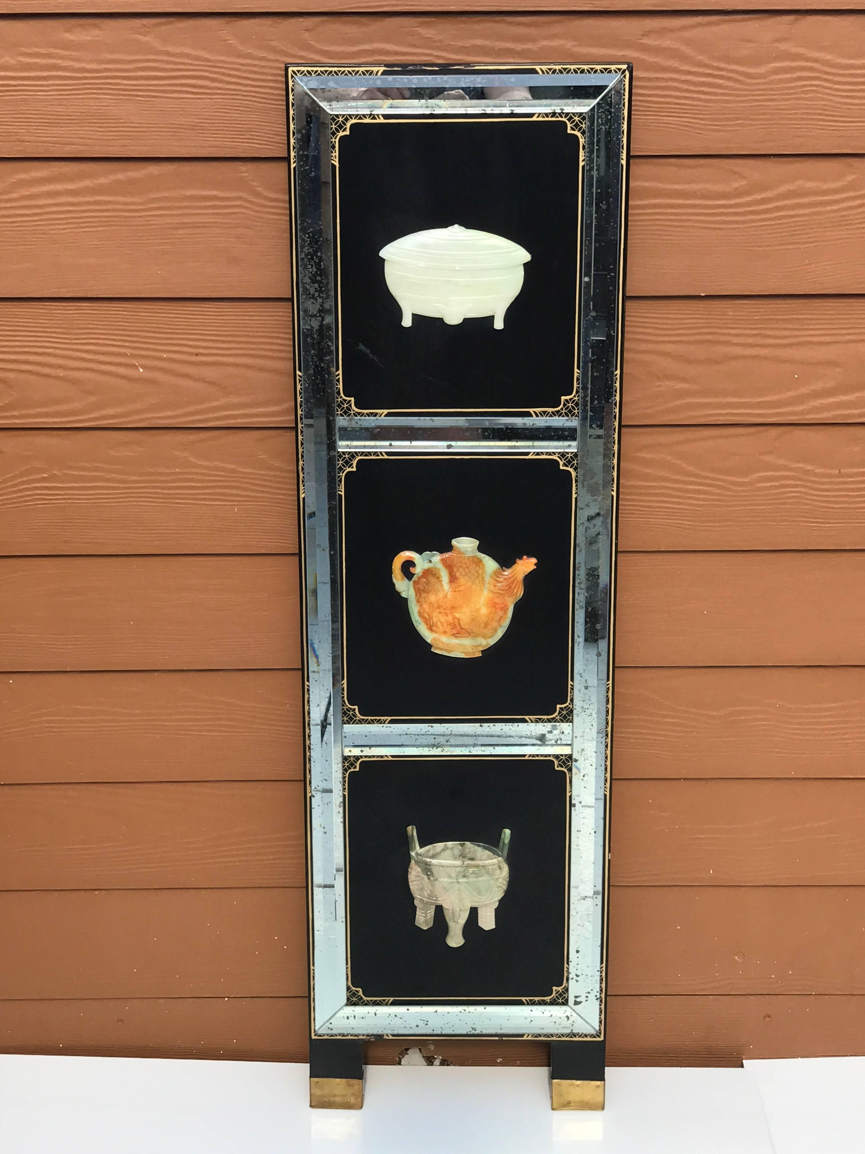 Hand-Carved Four Panel Hardstone and Mirrored Screen For Sale