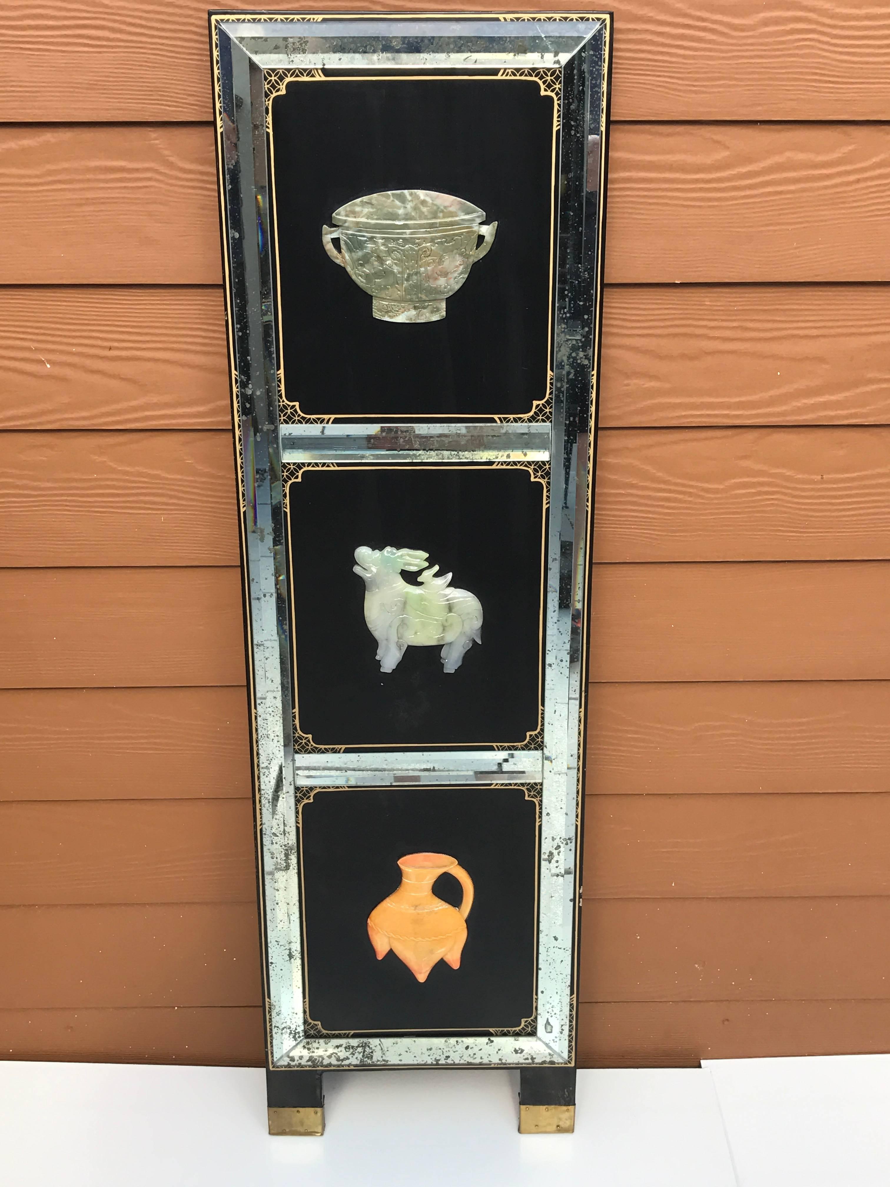 Chinese Four Panel Hardstone and Mirrored Screen For Sale