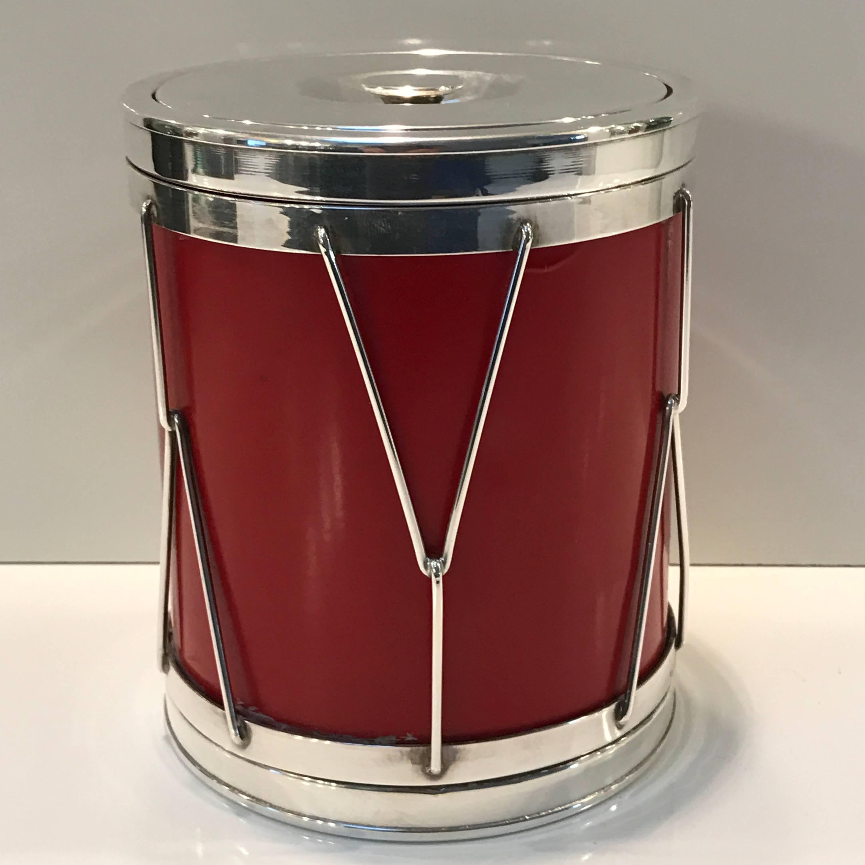 Italian modern silver and leather ice bucket, stylized after a drum, with removable lid revealing a mercury glass insulated interior (6