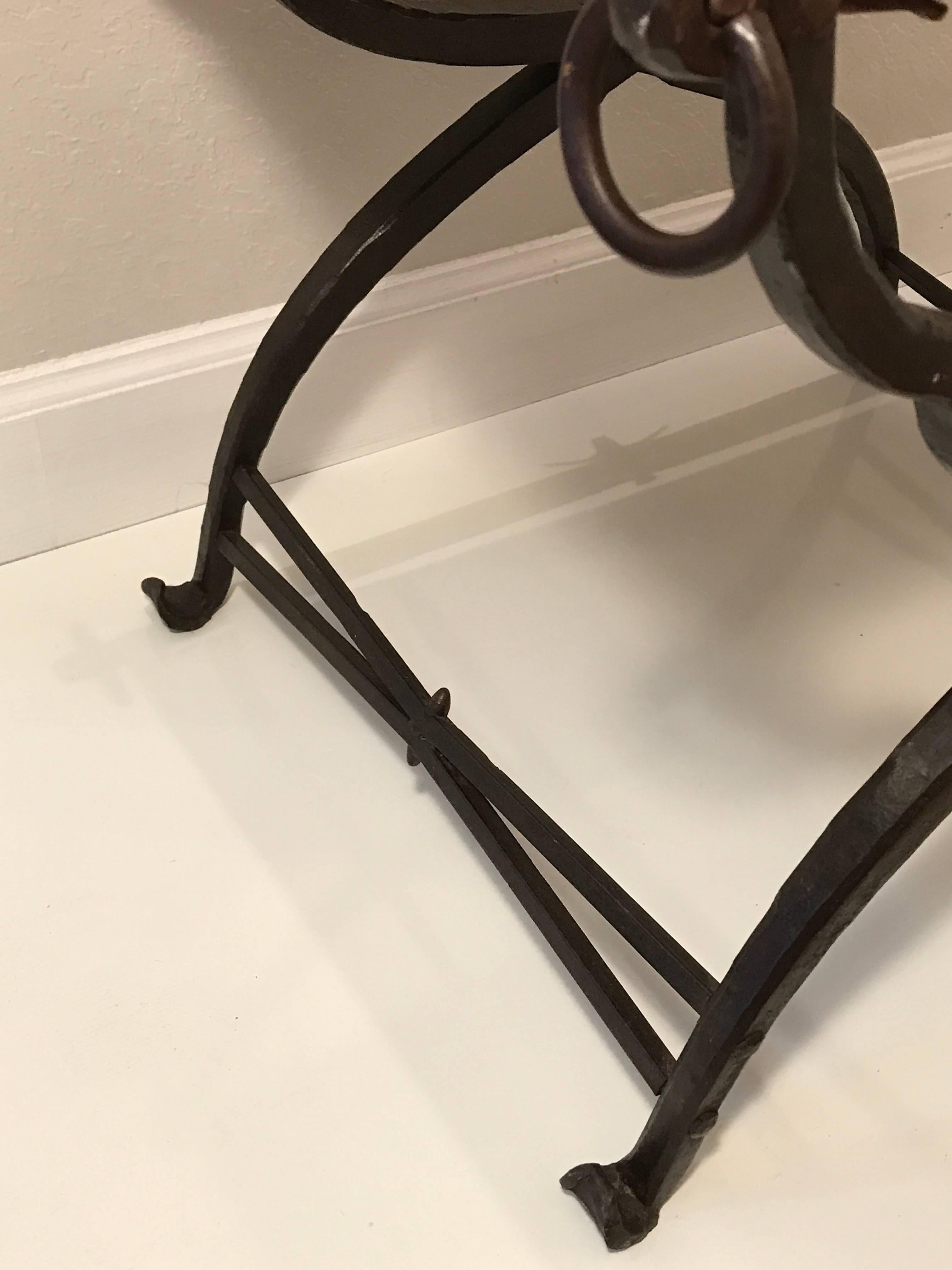 20th Century Iron and Leather Curule Bench