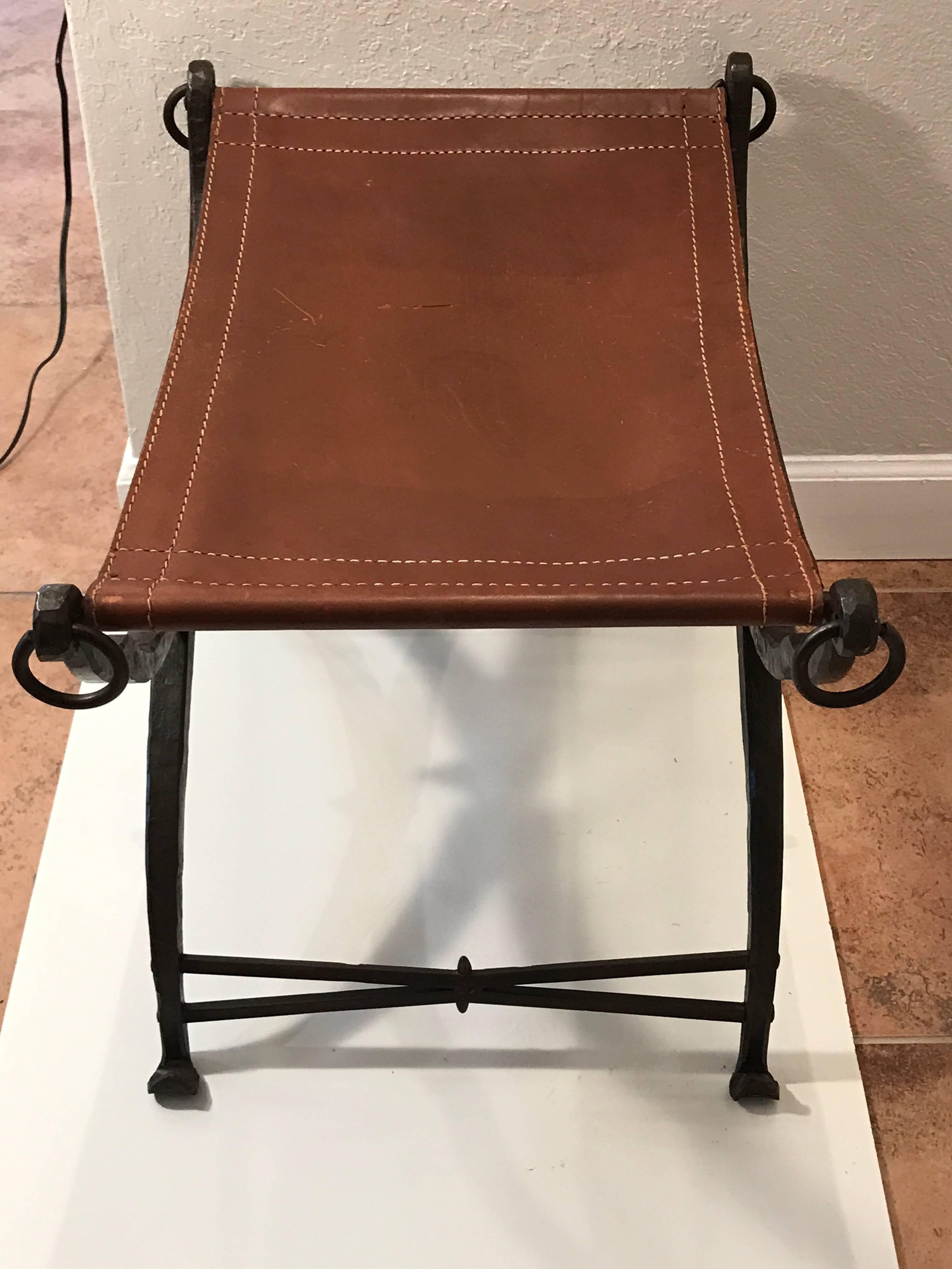 Iron and Leather Curule Bench 1