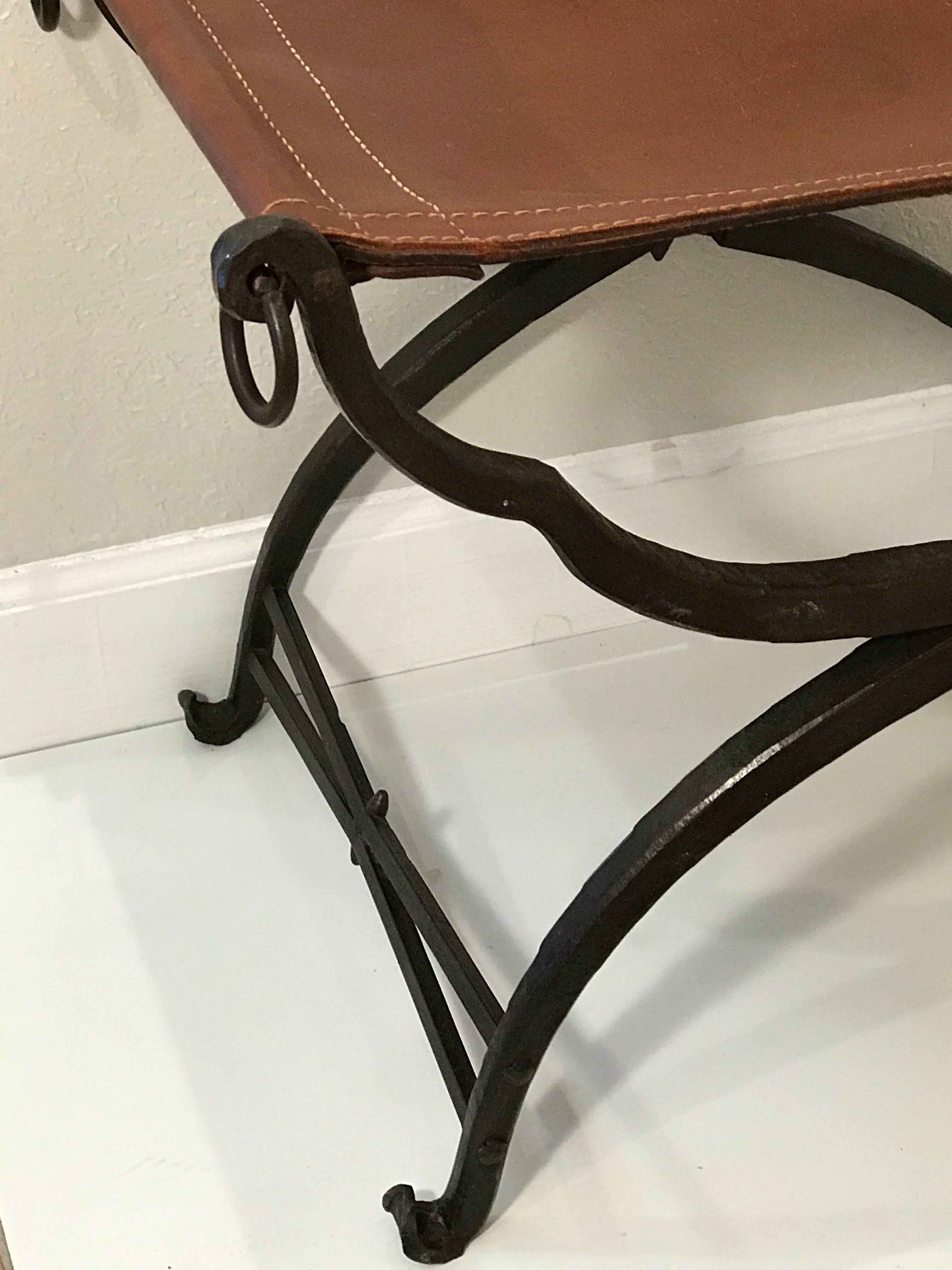Forged Iron and Leather Curule Bench