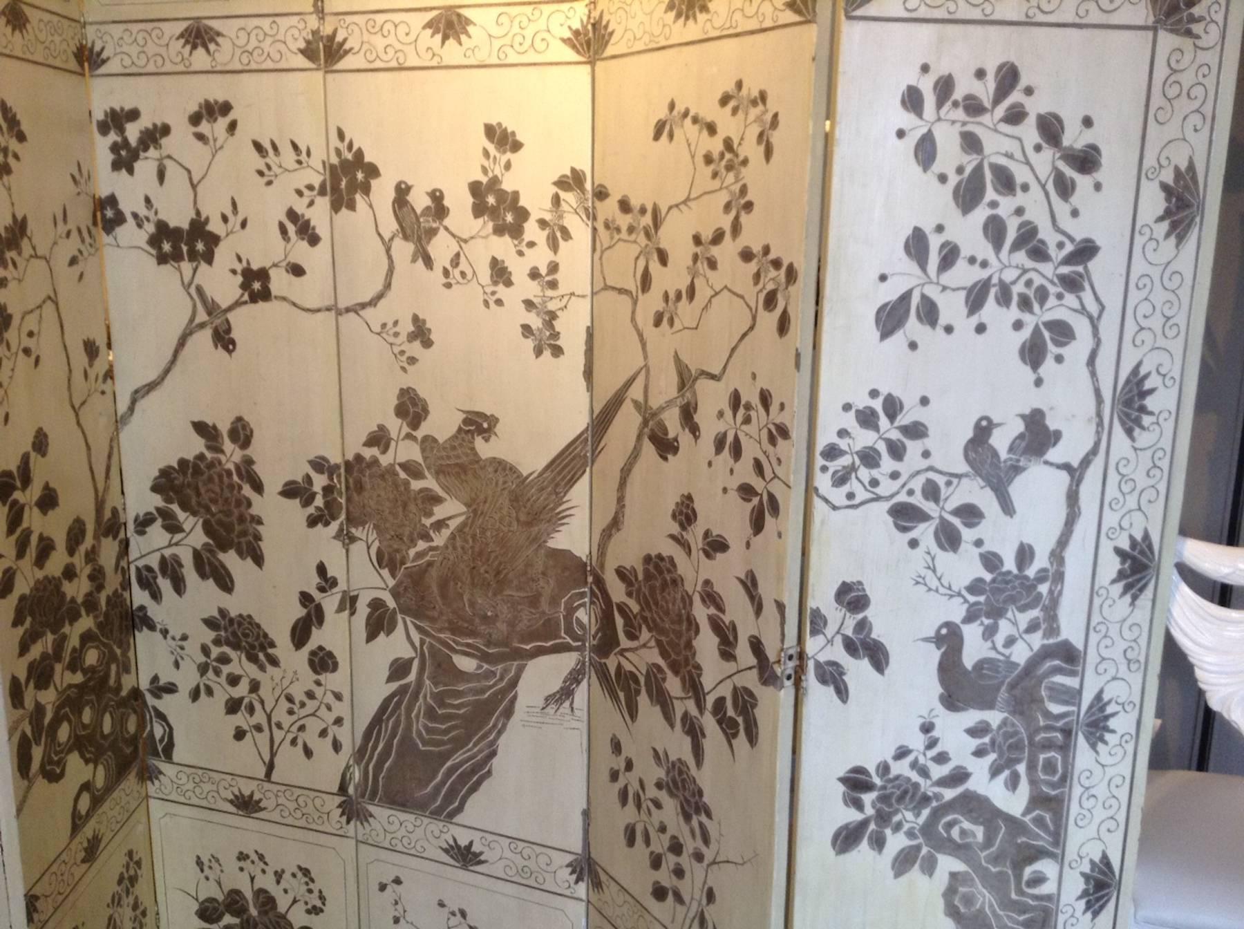 Early 20th Century Chinese White and Silver Lacquered Eight-Panel Screen