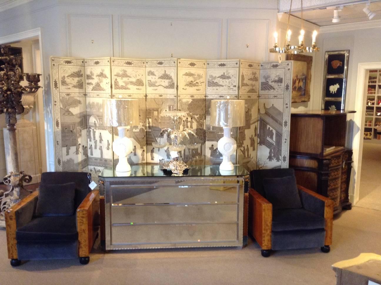 Wood Chinese White and Silver Lacquered Eight-Panel Screen