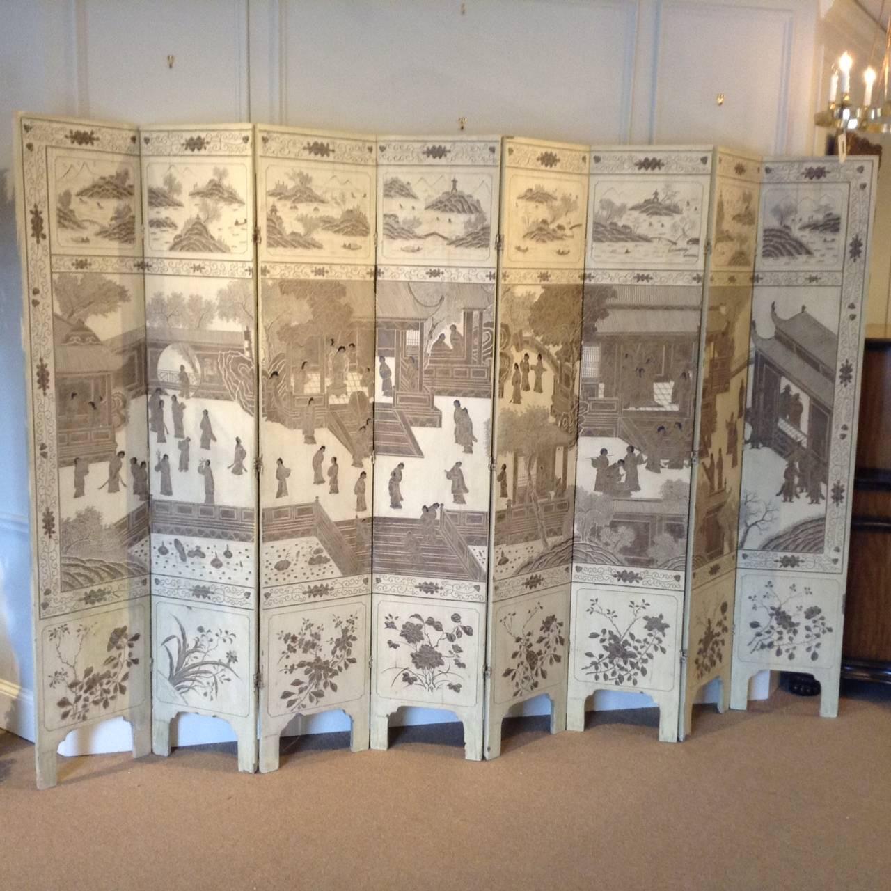 Chinese white and silver lacquered eight 16 inch panel screen, rare subtle color, has court scene on the front and bird and floral motif on back.

 