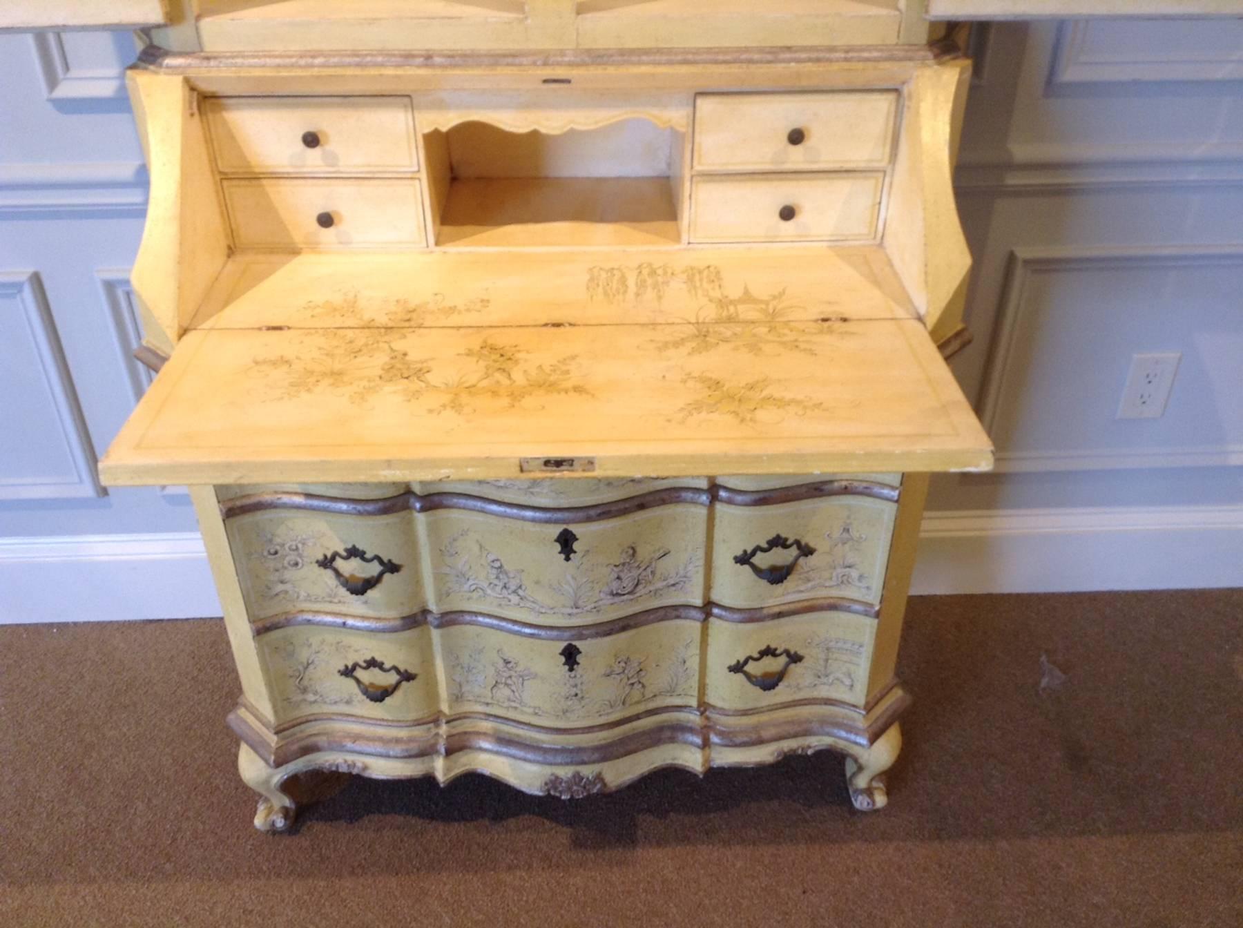 Beautiful Venetian Chinoisere Yellow Painted Secretary In Excellent Condition In Atlanta, GA