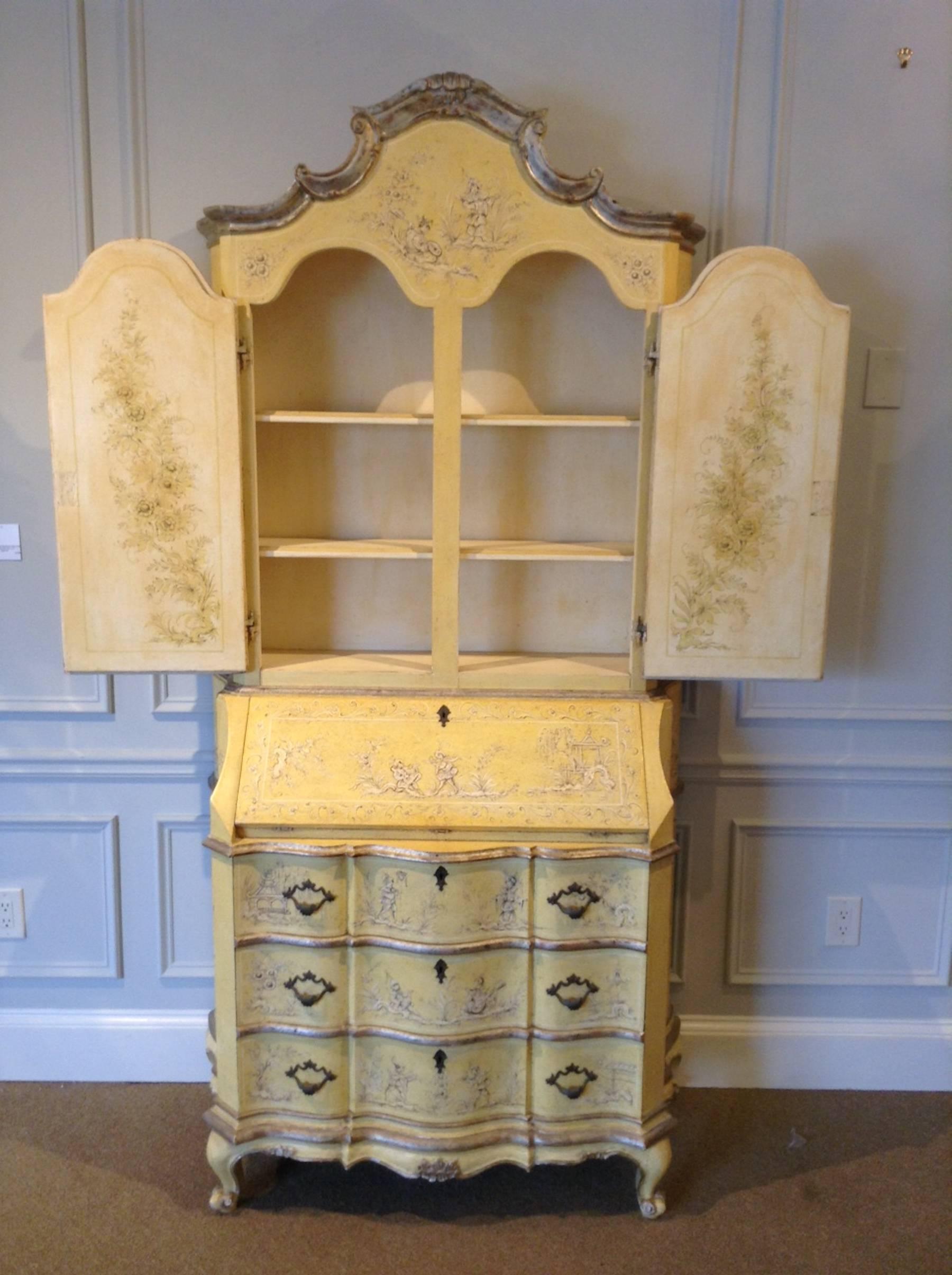 Italian Beautiful Venetian Chinoisere Yellow Painted Secretary