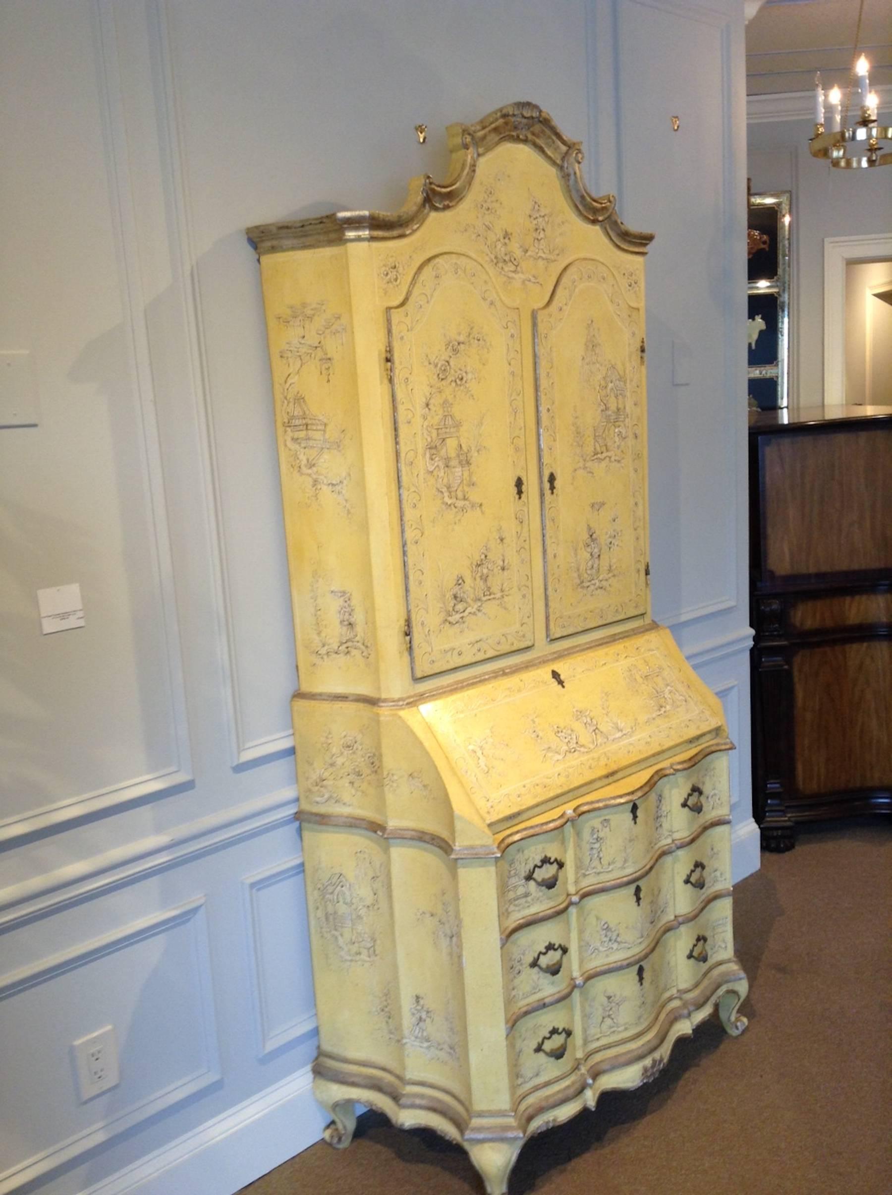 Chinoiserie Beautiful Venetian Chinoisere Yellow Painted Secretary