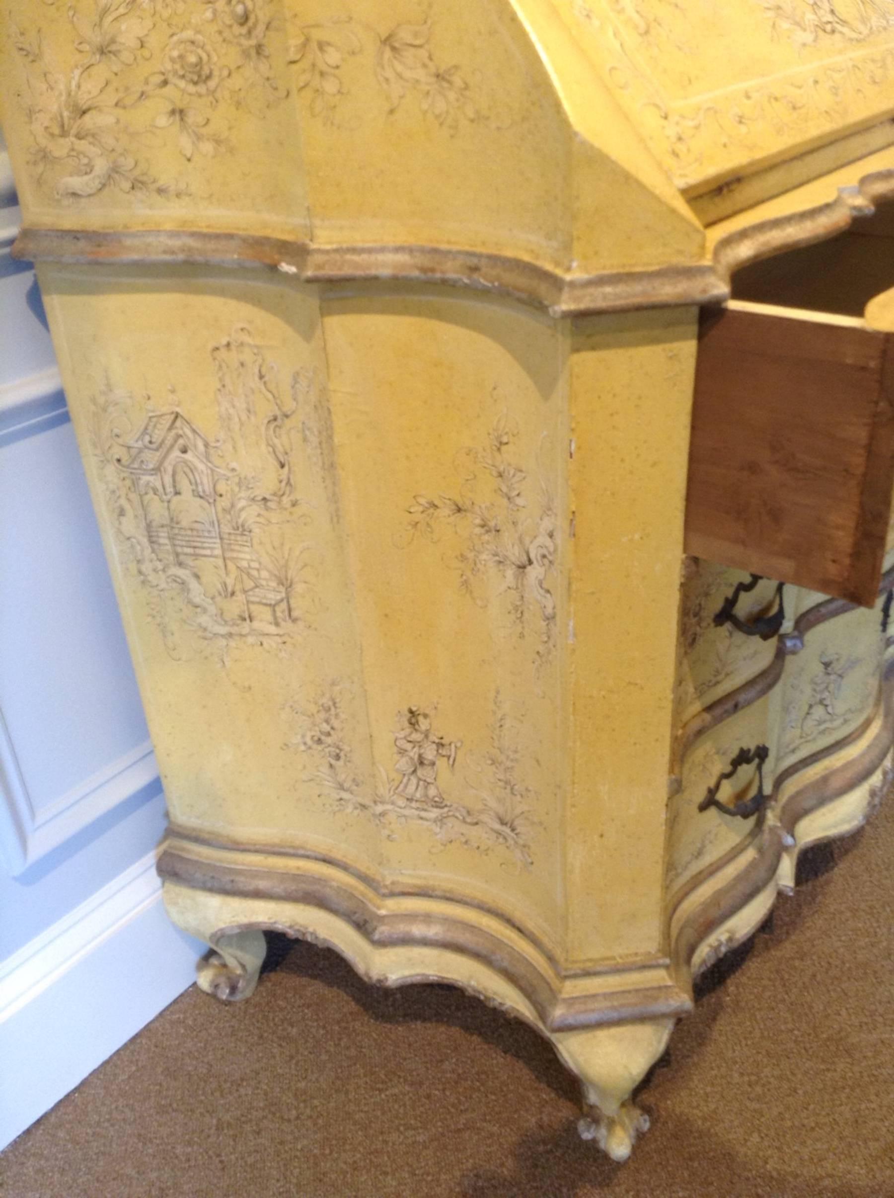 20th Century Beautiful Venetian Chinoisere Yellow Painted Secretary