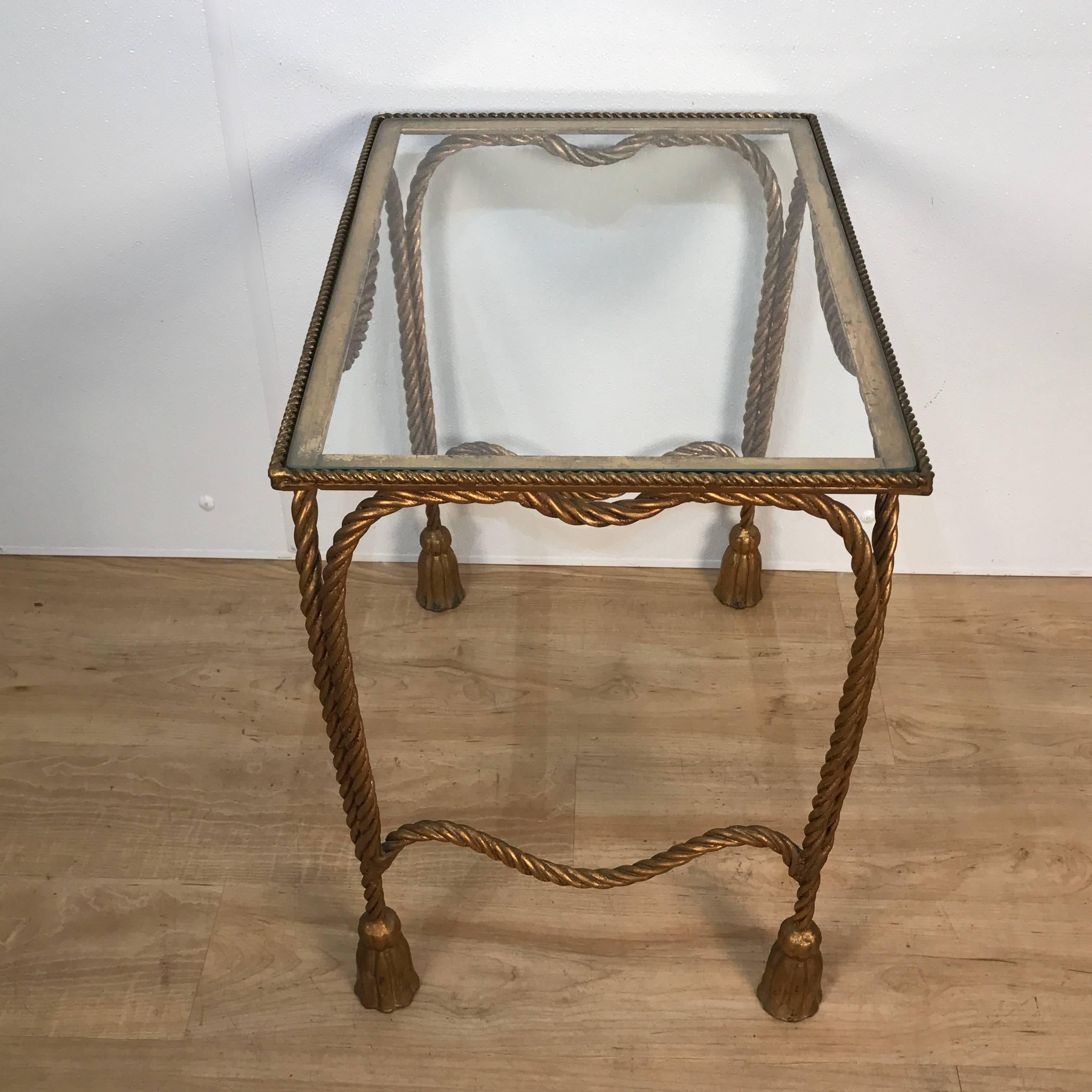 Forged Two Pairs of Hollywood Regency Gilt Metal Rope Nesting Tables
