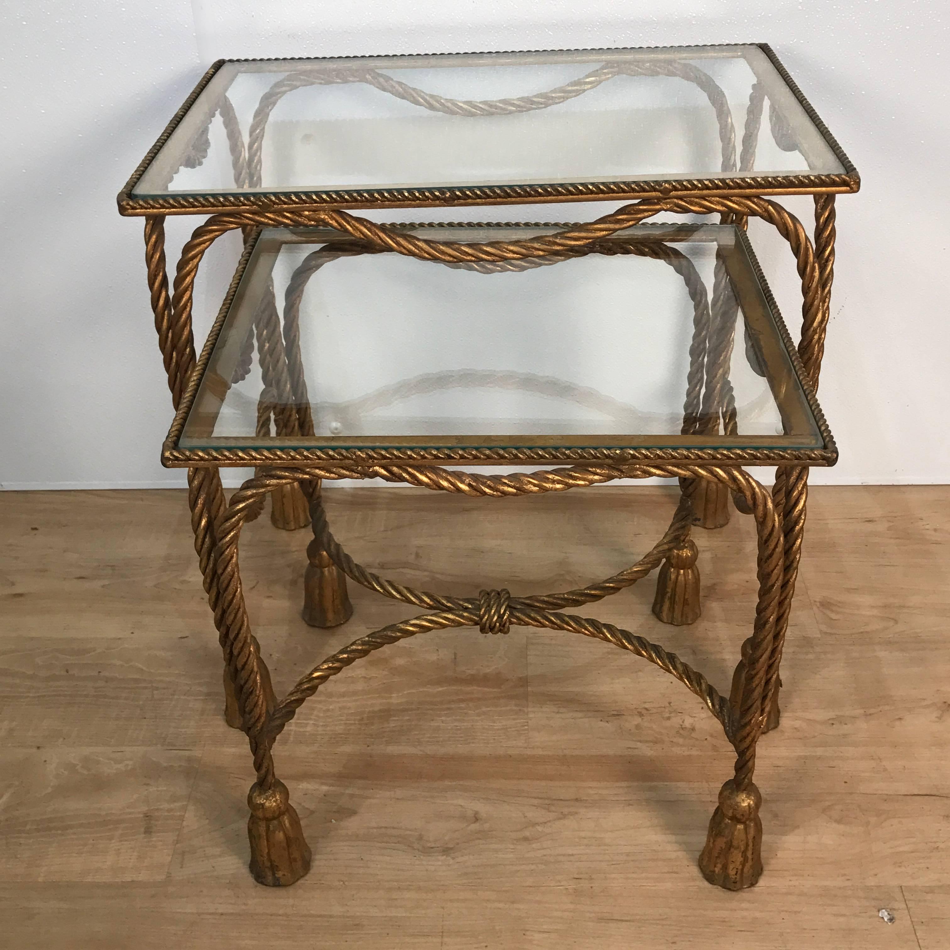 Mid-20th Century Two Pairs of Hollywood Regency Gilt Metal Rope Nesting Tables