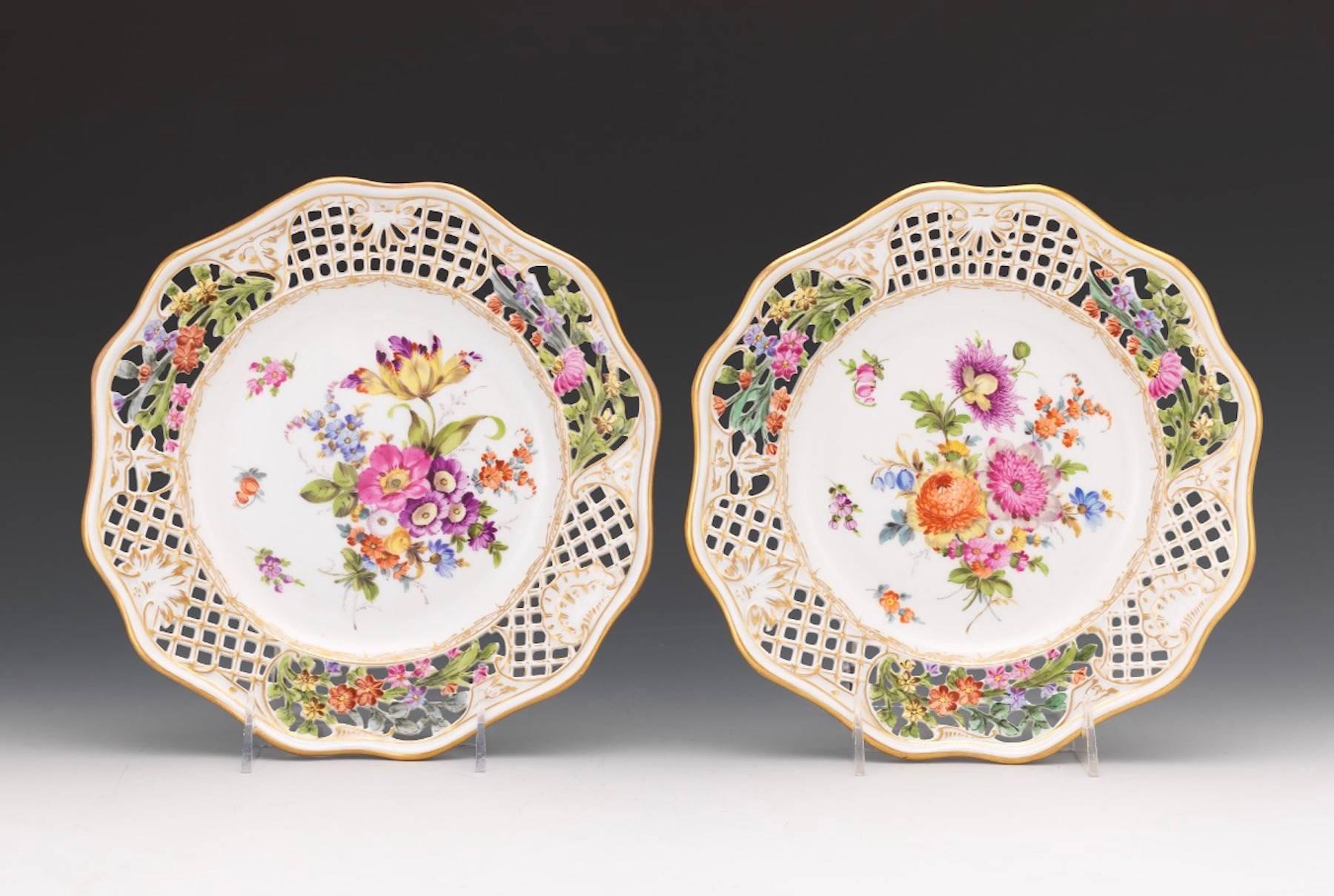 Hand-Painted 12 Dresden Floral Pierced Plates