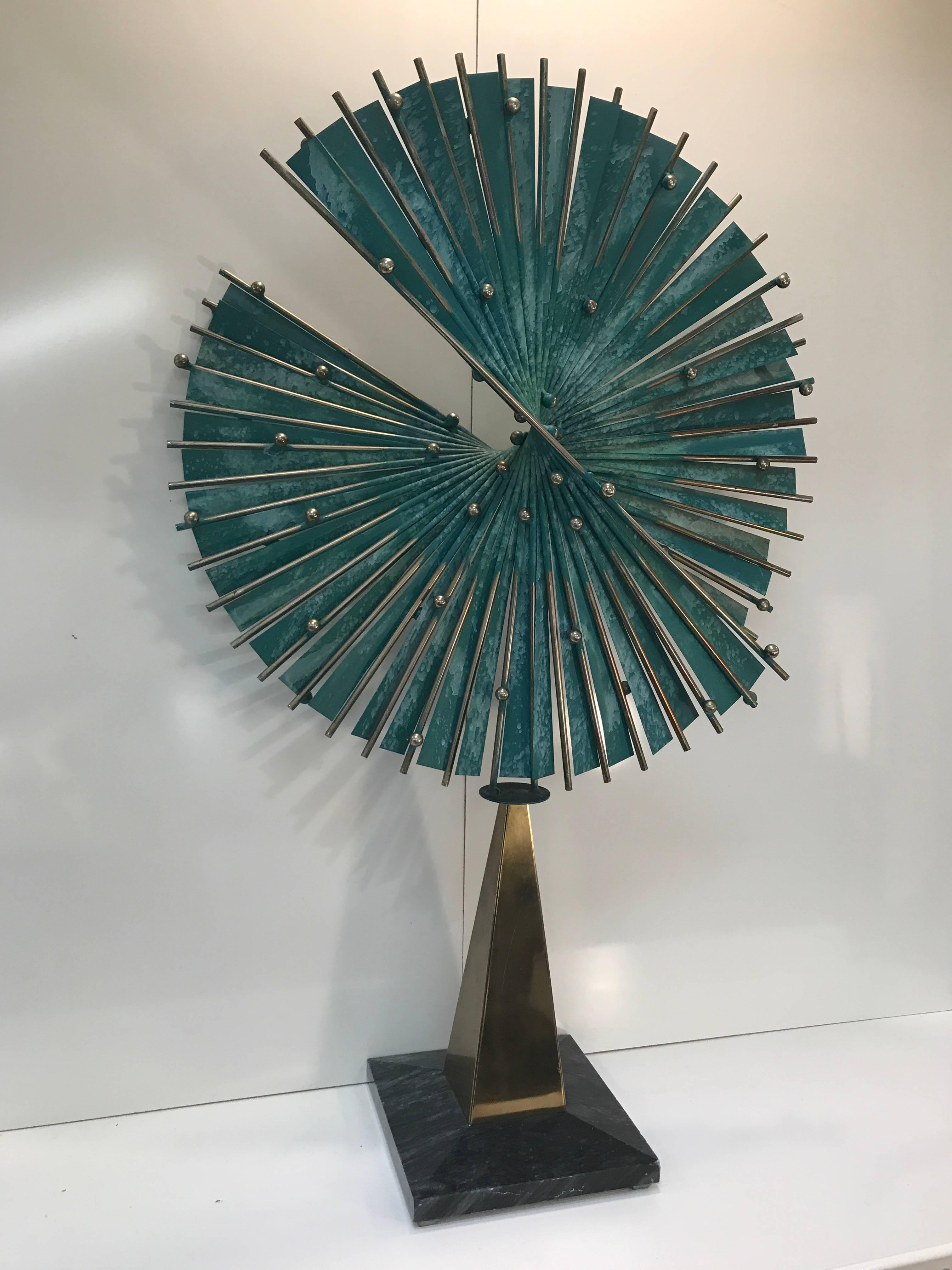 Monumental Curtis Jere bronze sculpture, "Split Sphere" verdigris enameled bronze sculpture on marble pedestal base. The sculpture in two pieces, stands 37" high x 22" diameter, the base is 8.5" square.