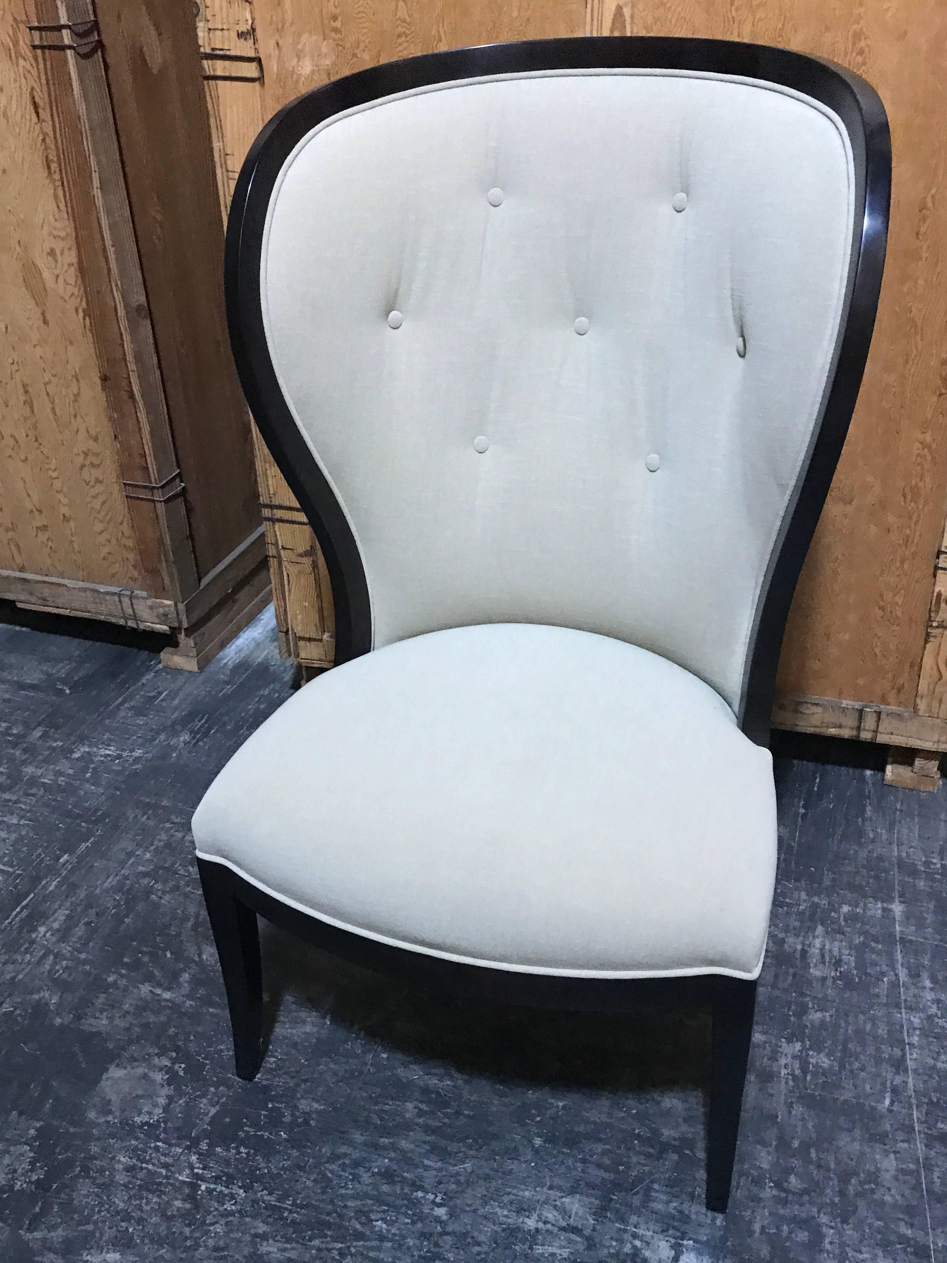 Lucien Rollins Collection Art Deco Fan Back Occasional Chair by William Switzer with mahogany “leaf” motif back. The item is a floor sample in excellent condition. Presently this item is at our Palm Beach Location.
