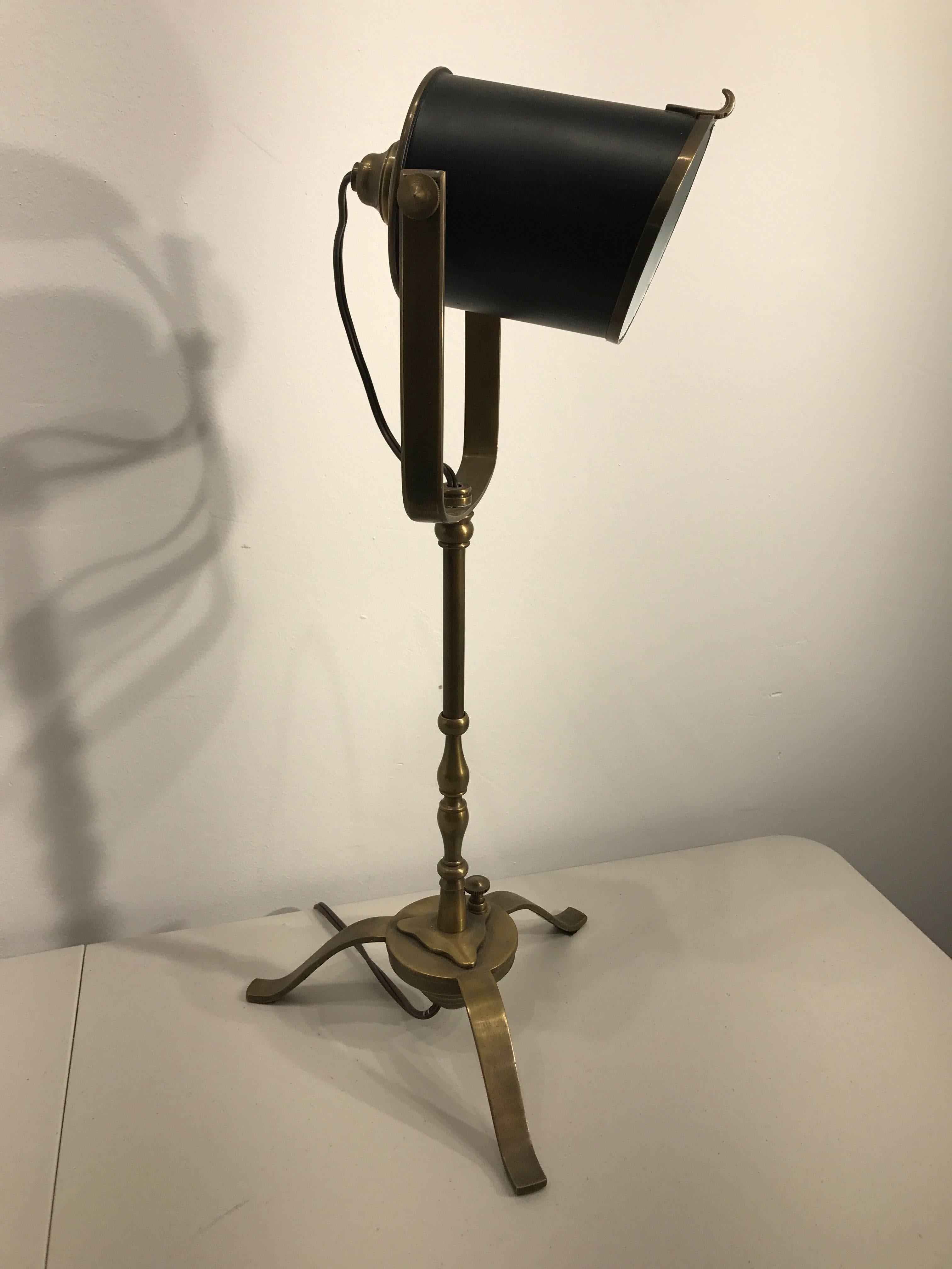 Miniature Directors lamp, as a table lamp, nicely made and detailed with enameled shade and brass stand. The shade measures 5